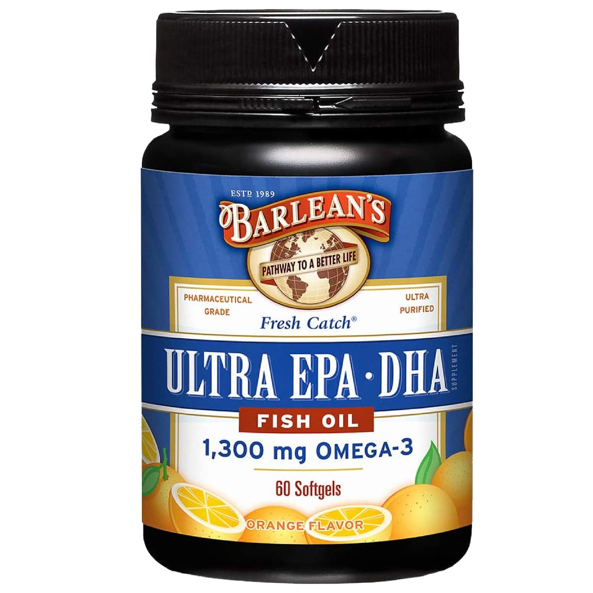 Barlean's Fresh Catch Fish Oil softgels front view with orange flavour