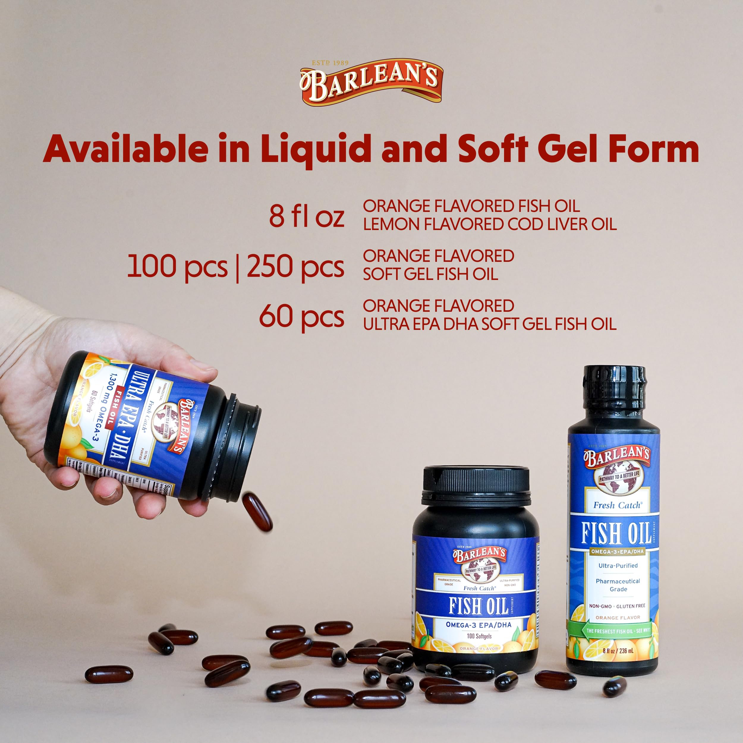 Barlean's Fresh Catch Fish Oil softgels with ingredients list