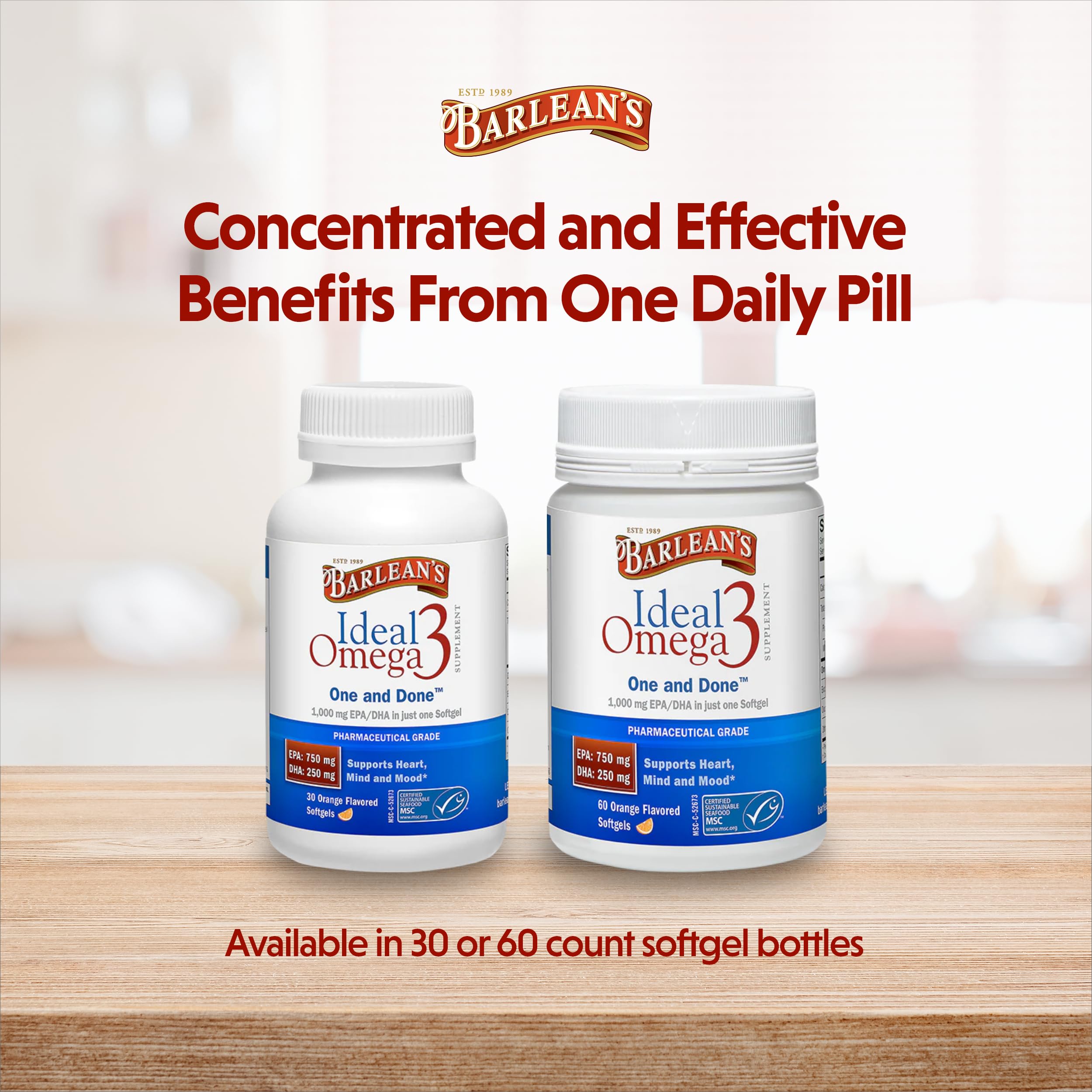 Barlean's Ideal Omega 3 Softgel Capsules 1000mg on a wooden table