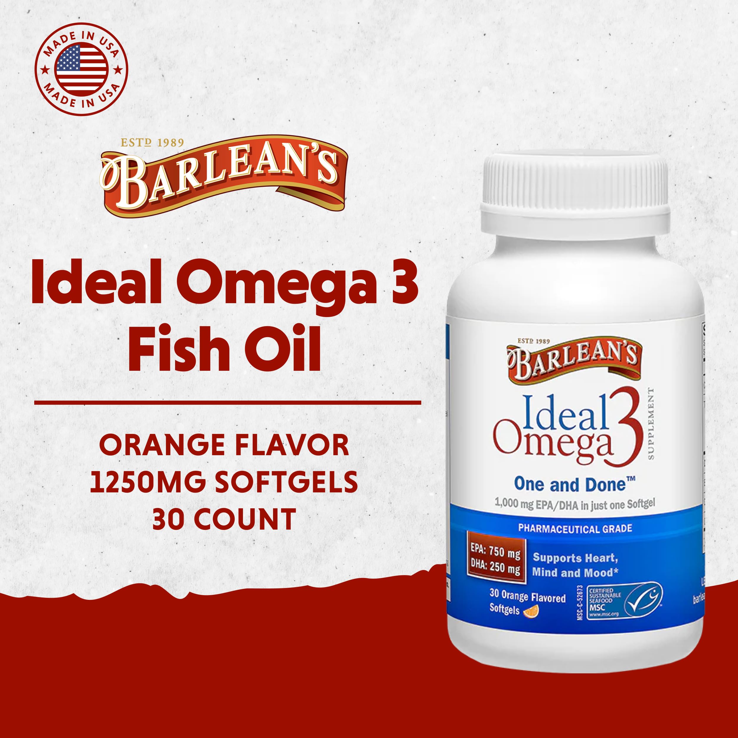 Barlean's Ideal Omega 3 Softgel Capsules 1000mg side view