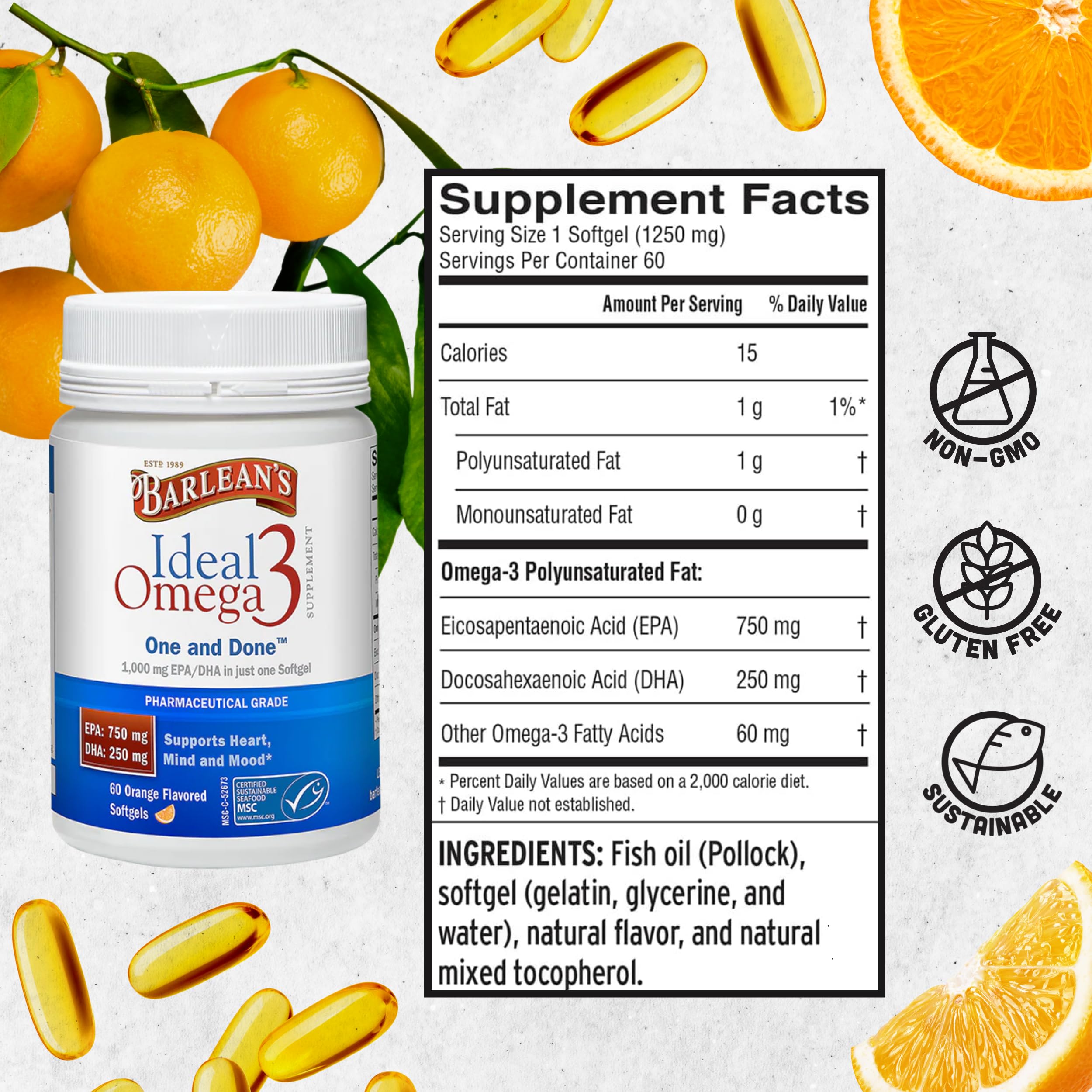 Barlean's Ideal Omega 3 Softgel Capsules 1000mg with orange flavour