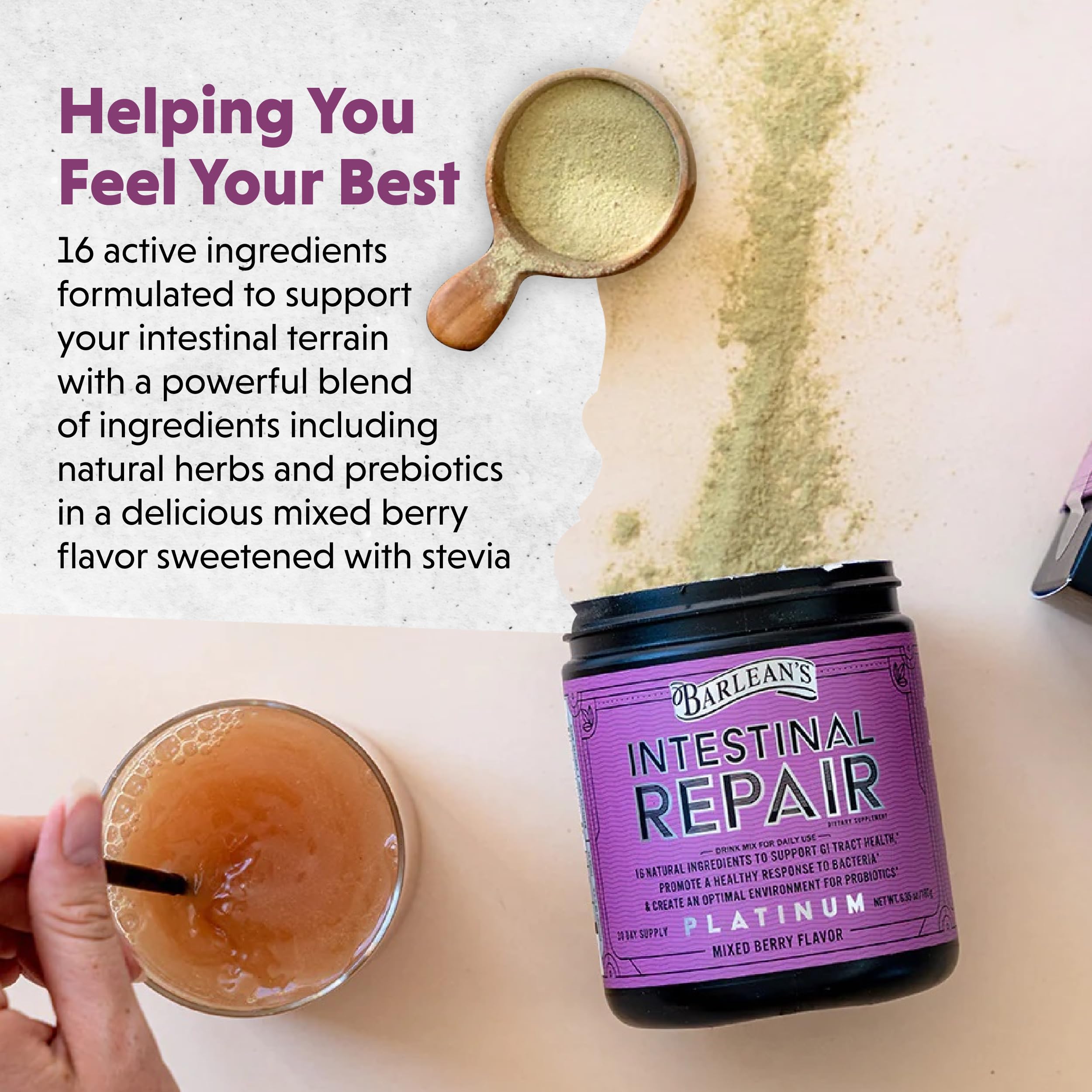 Barlean's Intestinal Repair Powder in a glass of water
