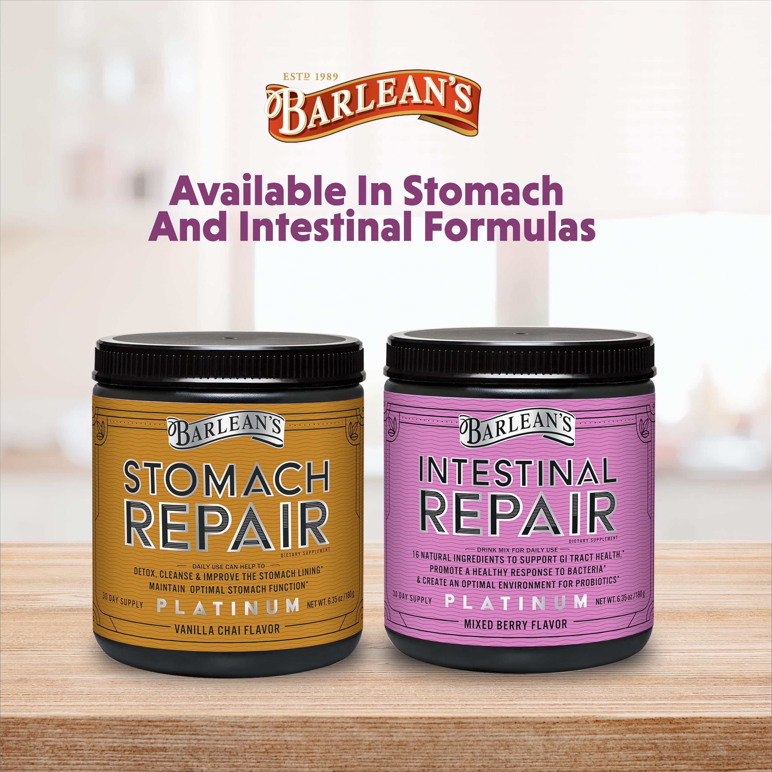 Barlean's Intestinal Repair Powder on a kitchen counter