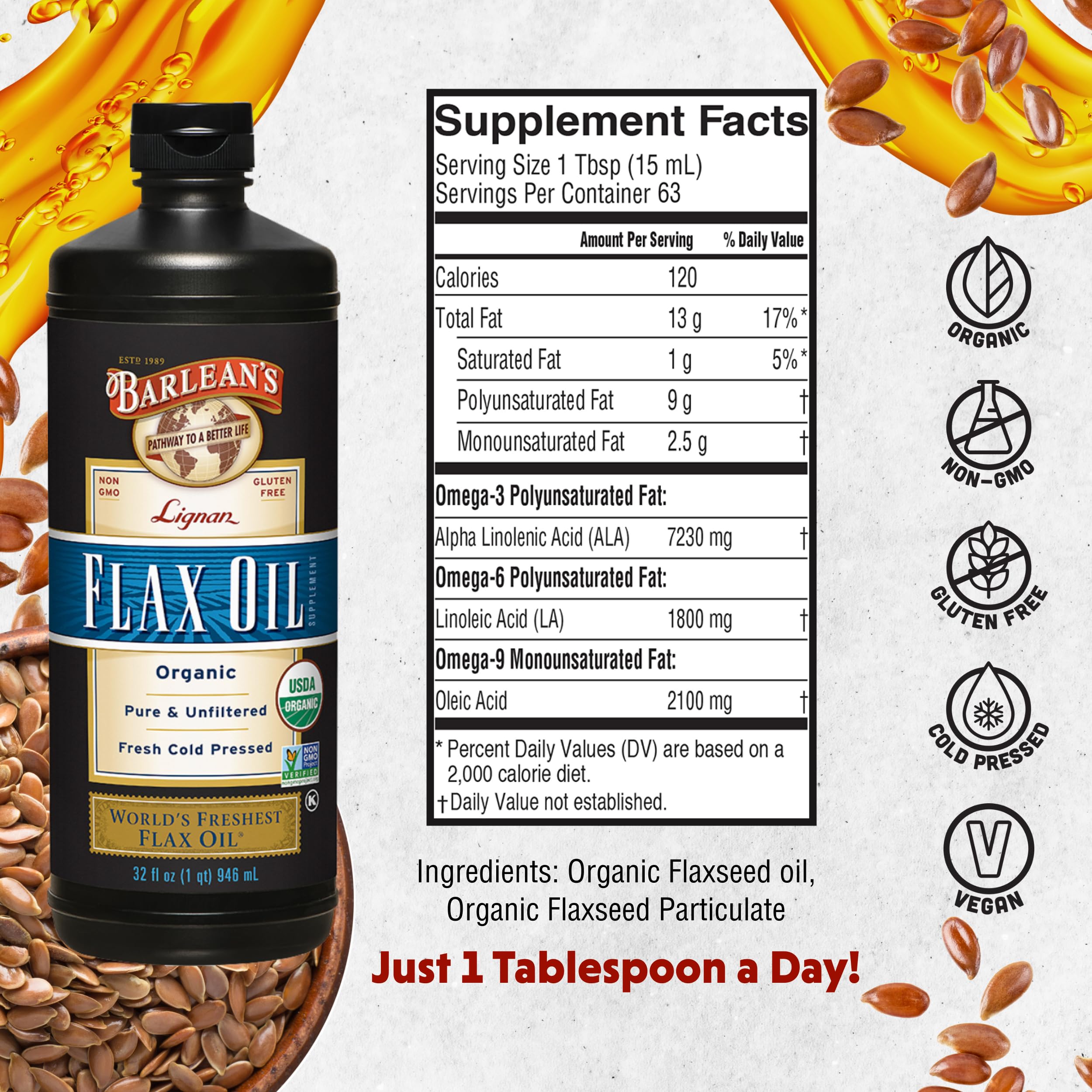 Barlean's Lignan Flax Oil 945g on a kitchen counter