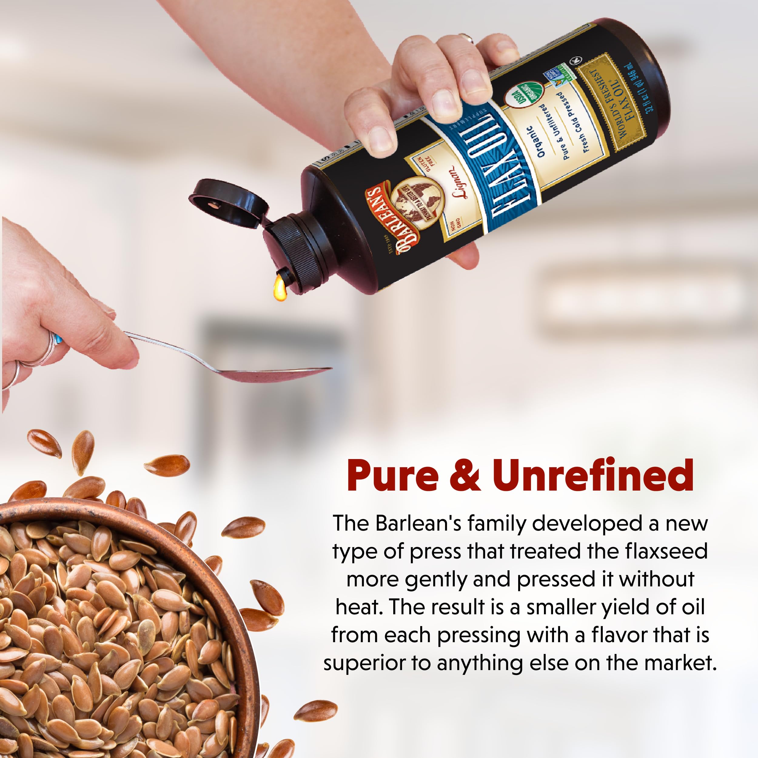 Barlean's Lignan Flax Oil 945g pouring into a spoon