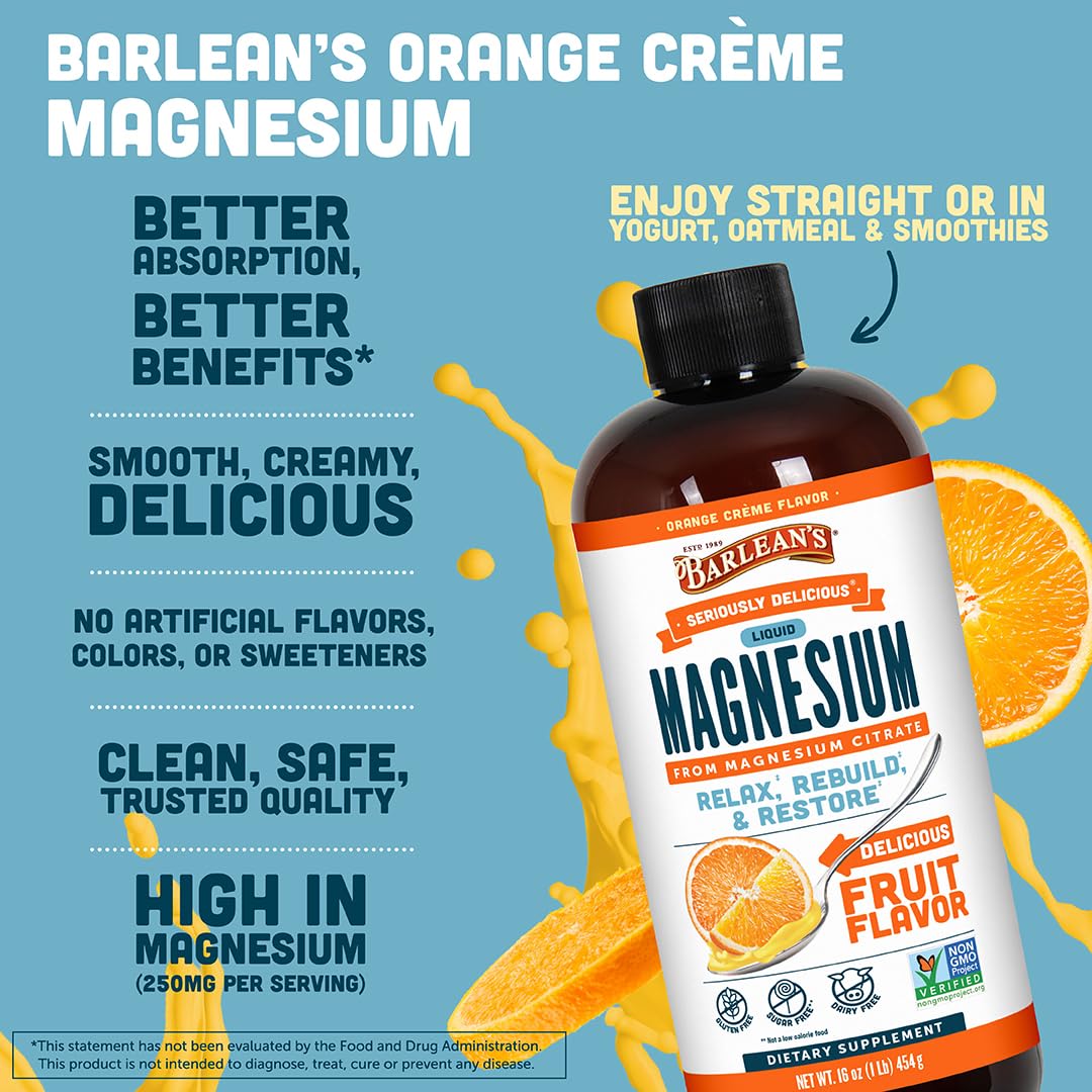 Barlean's Liquid Magnesium 508g side view with nutritional information
