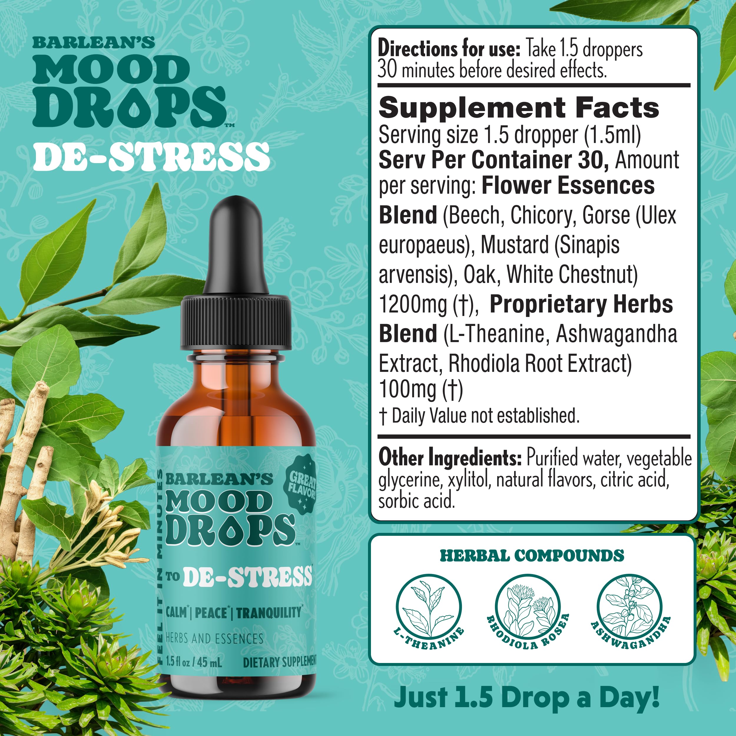 Barlean's Mood De-Stress Liquid Drops 1.5oz bottle with dropper
