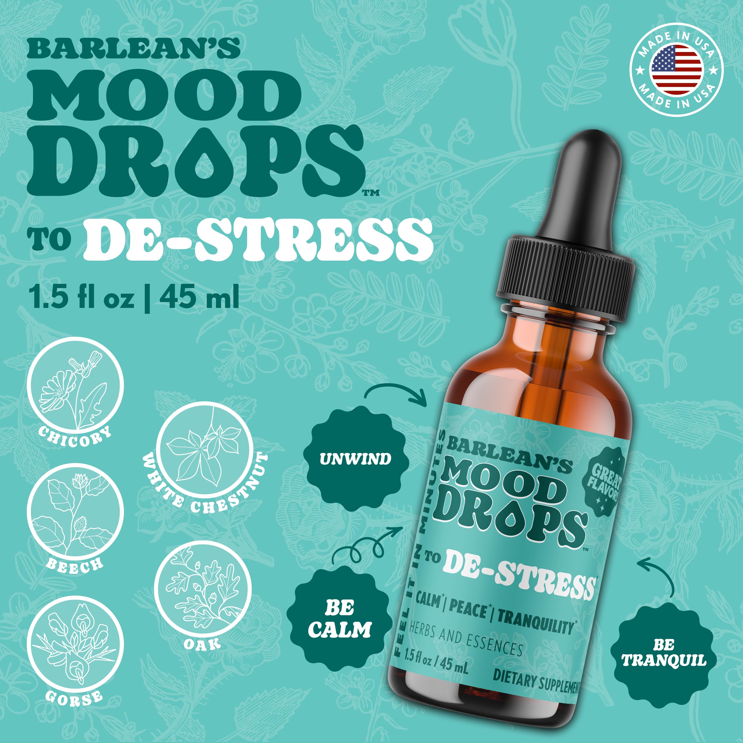 Barlean's Mood De-Stress Liquid Drops 1.5oz ingredients list