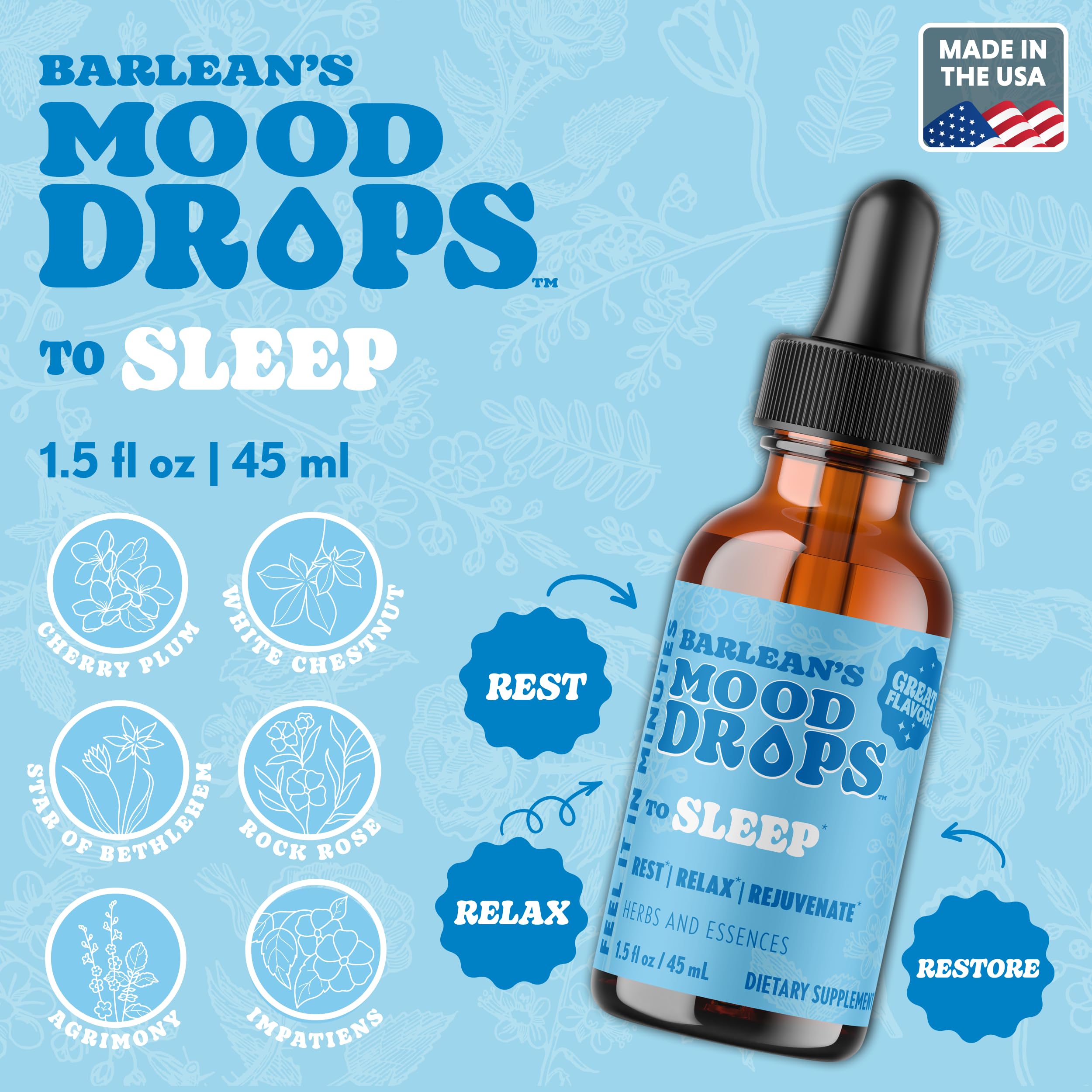 Barlean's Mood Sleep Liquid Drops 1.5 Fl Oz bottle with dropper