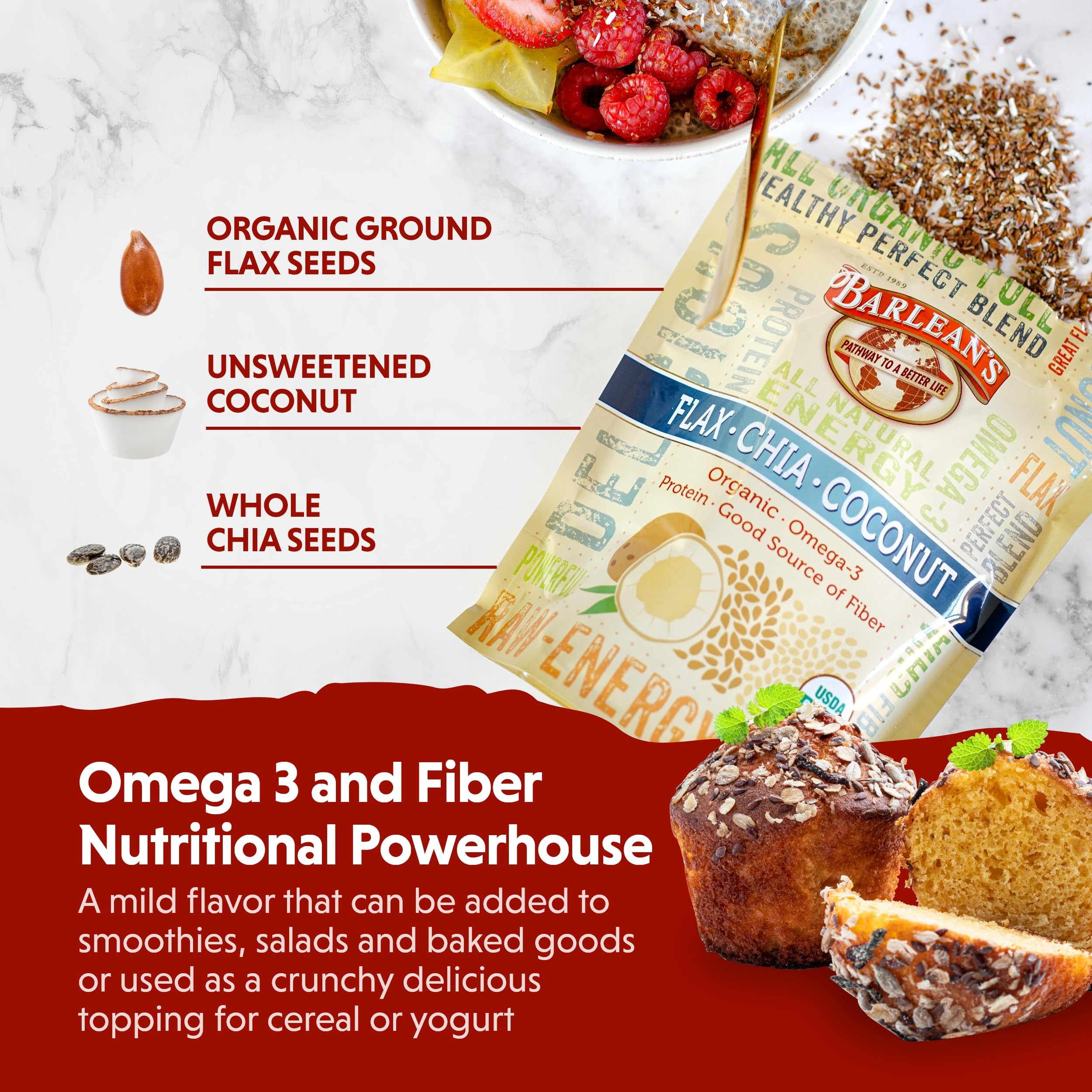Barlean's Multi Seed Blend 680g back view with nutritional information