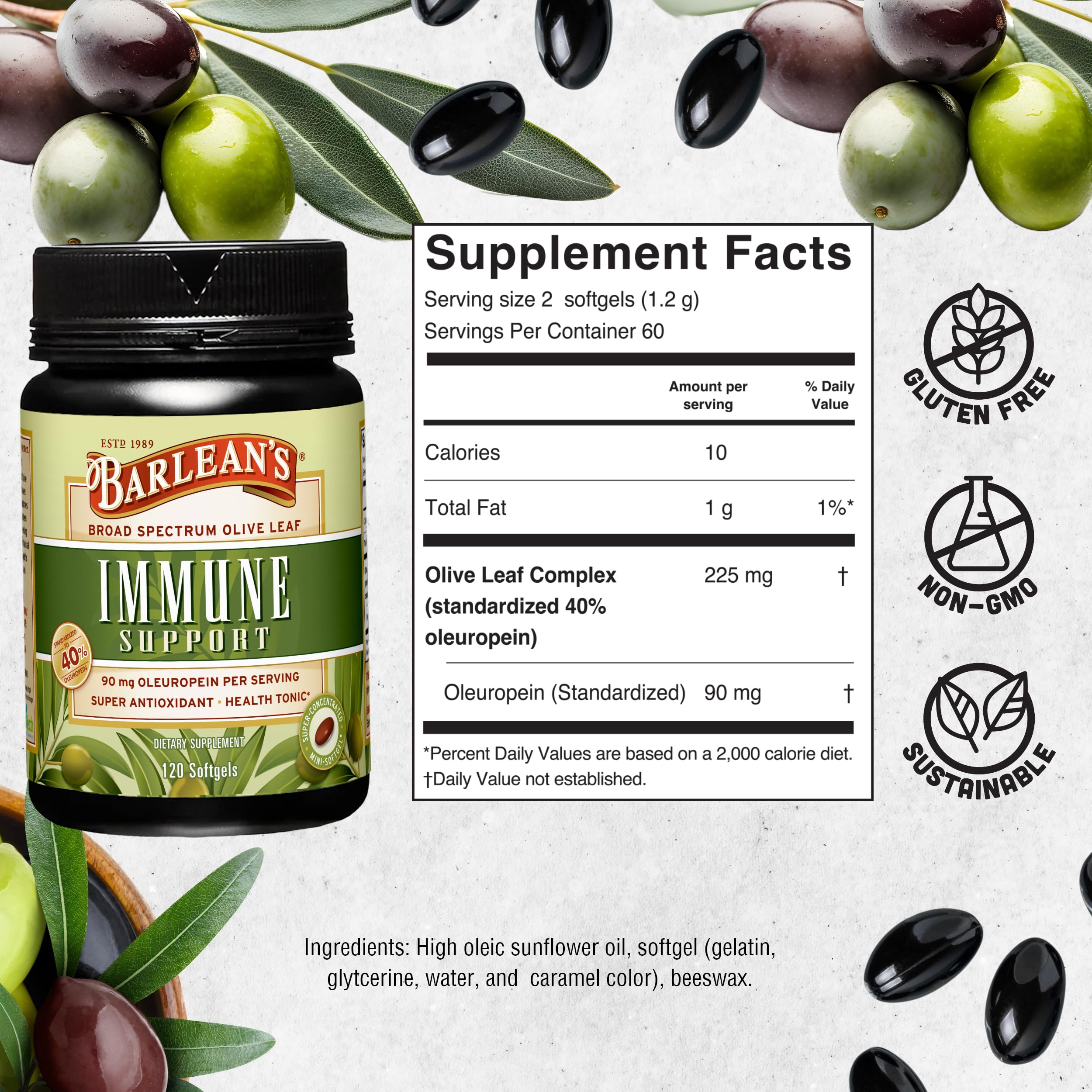 Barlean's Olive Leaf Complex softgels in hand