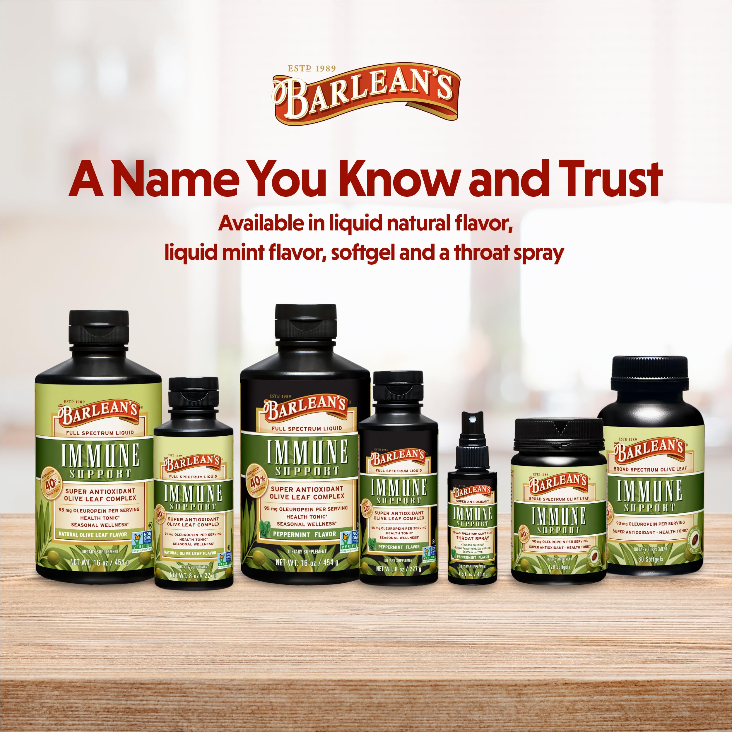 Barlean's Olive Leaf Complex softgels on a table