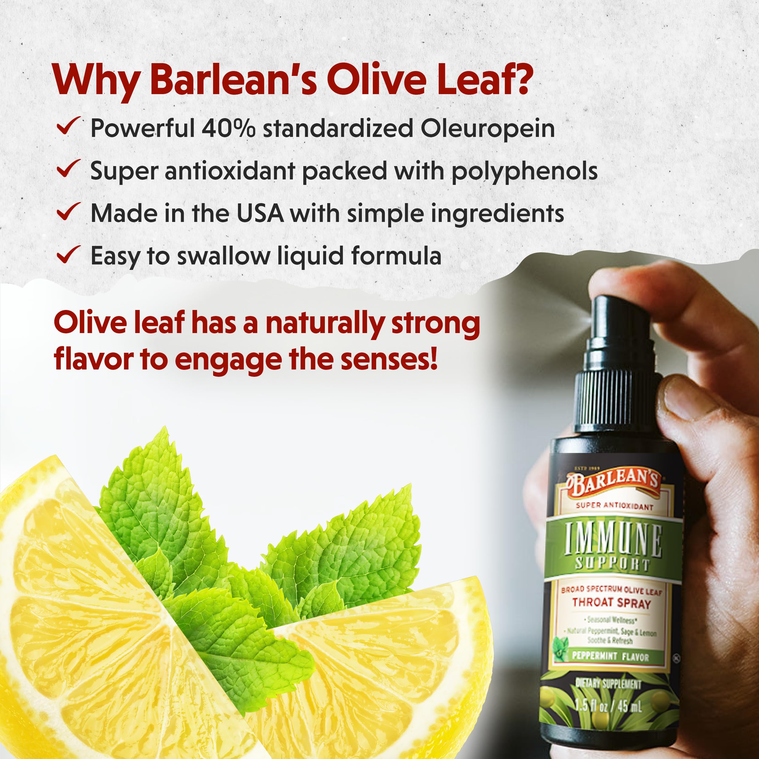 Barlean's Olive Leaf Complex Throat Spray 150g side view
