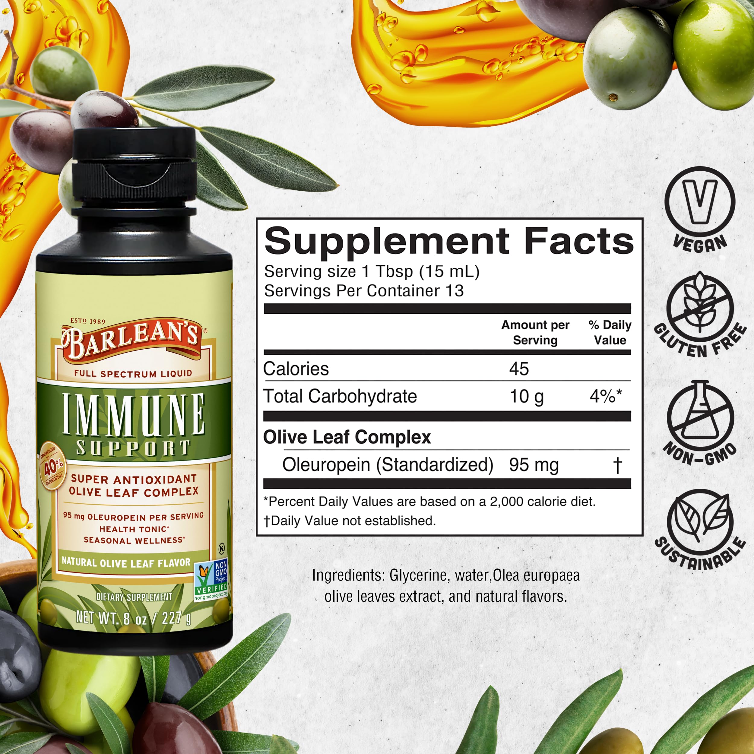 Barlean's Olive Leaf Extract 255g showing the cap and opening