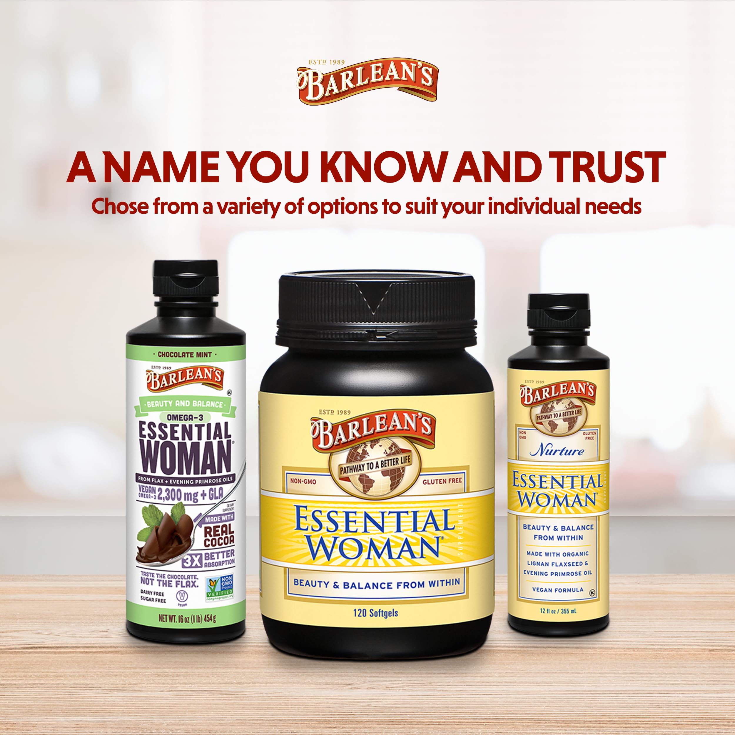 Barlean's Omega 3-6-9 chocolate powder in a glass