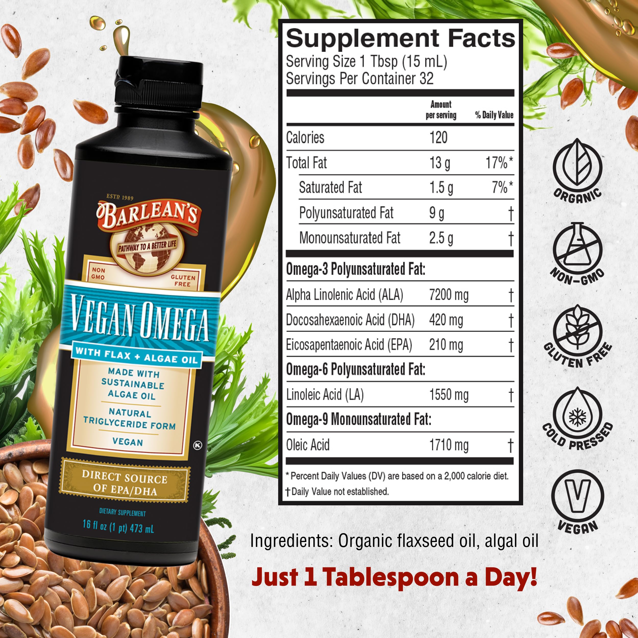 Barlean's Omega 3 6 9 Oil Blend bottle side view