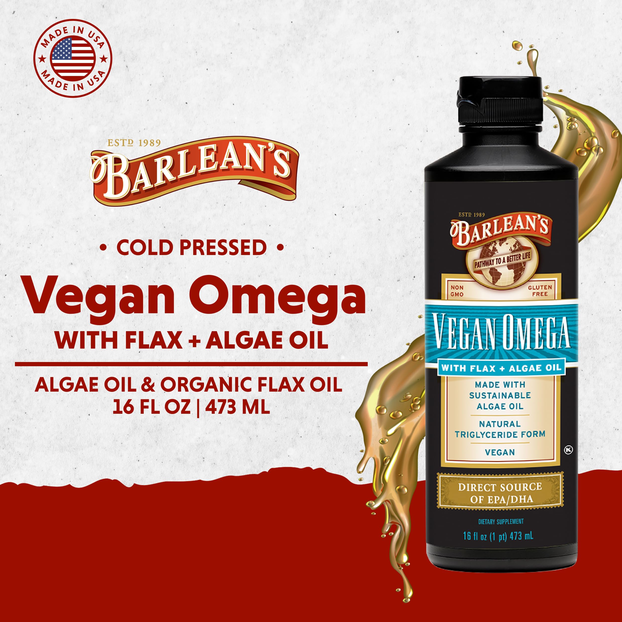 Barlean's Omega 3 6 9 Oil Blend pouring into a spoon