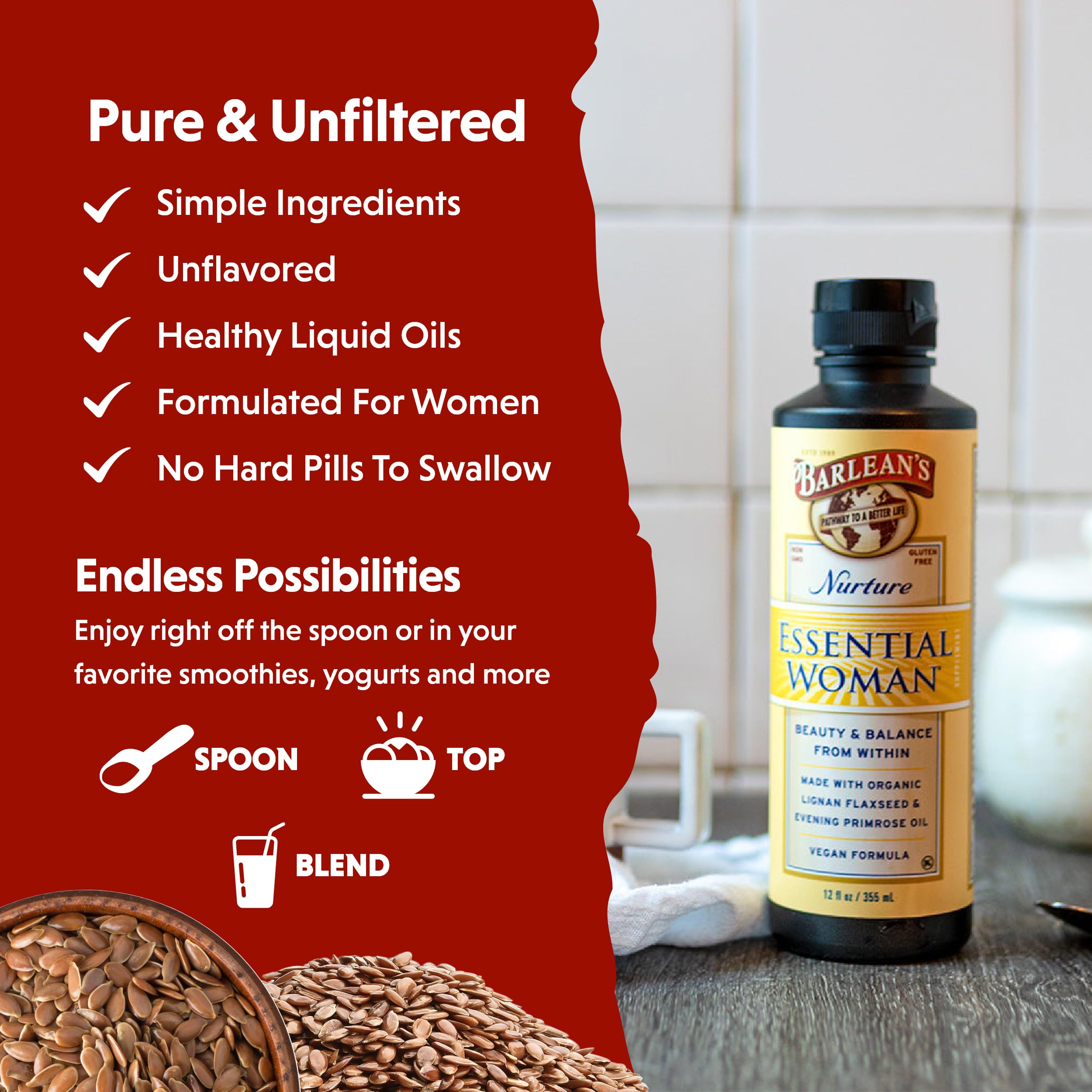 Barlean's Omega 3-6-9 supplement with a spoonful of powder