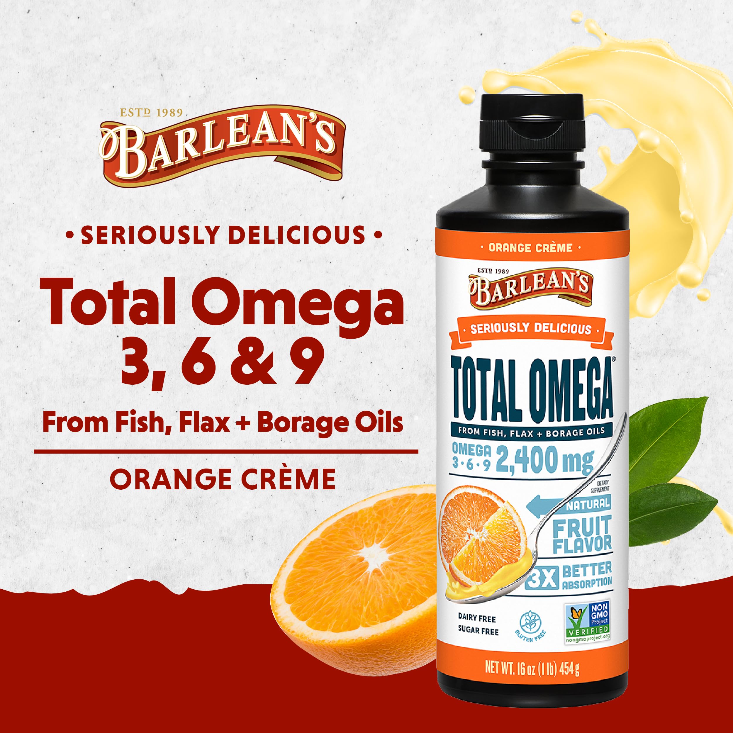 Barlean's Omega-3 Fish Oil 2400mg Orange Crème bottle with cap