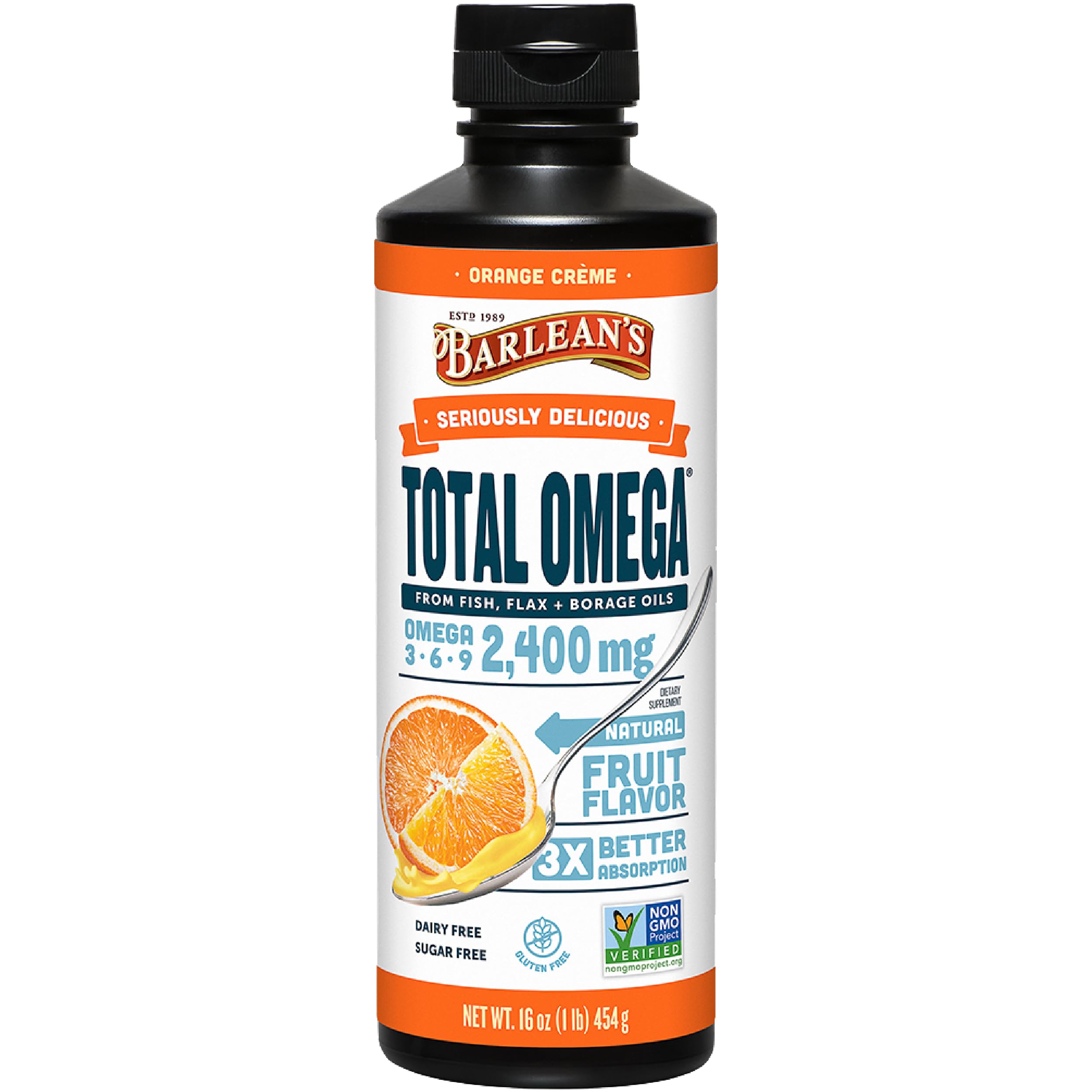 Barlean's Omega-3 Fish Oil 2400mg Orange Crème front view