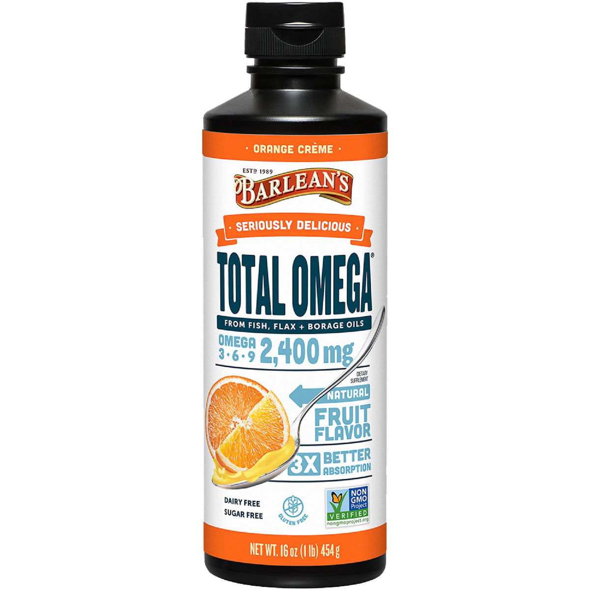 Barlean's Omega-3 Fish Oil 2400mg Orange Crème front view