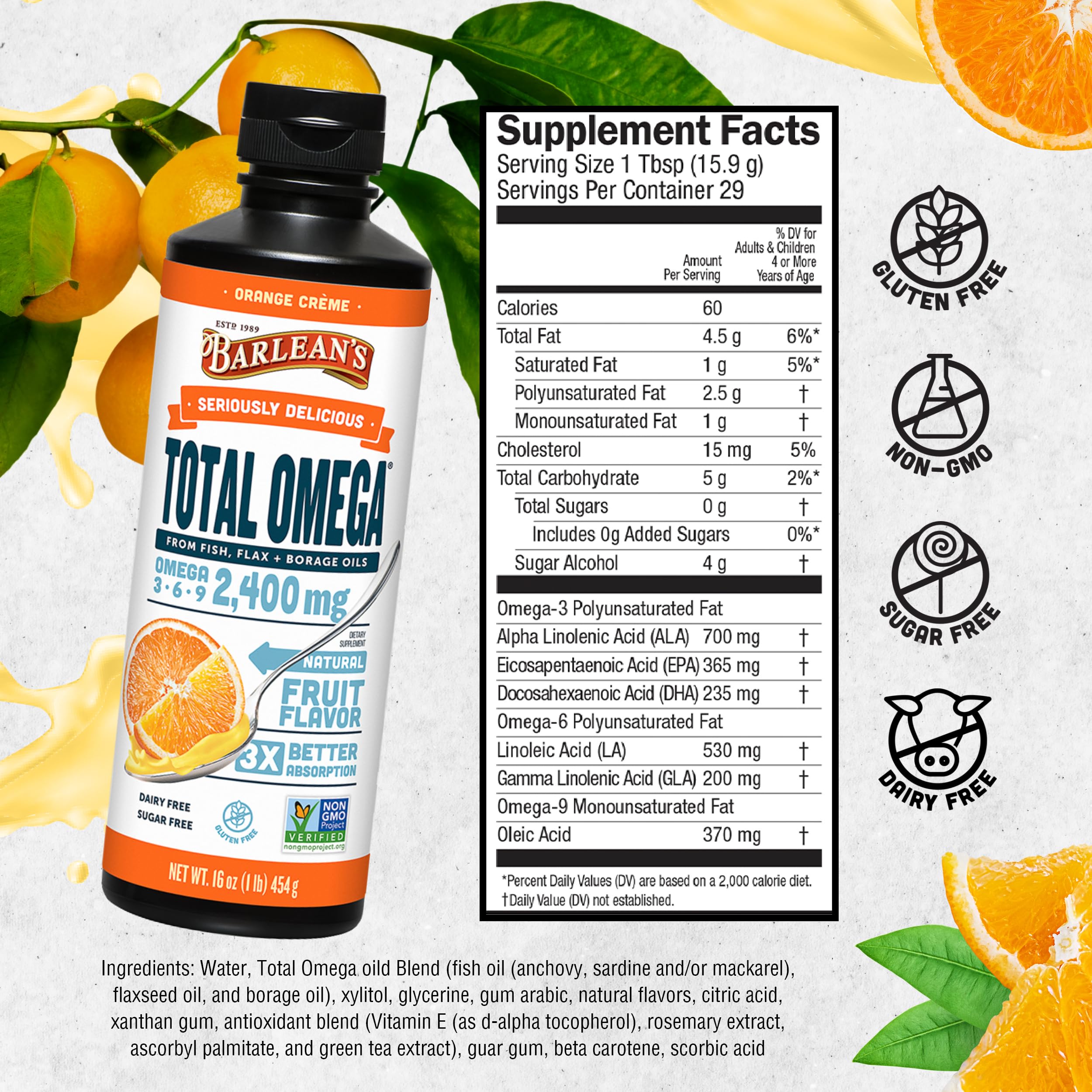 Barlean's Omega-3 Fish Oil 2400mg Orange Crème ingredients list