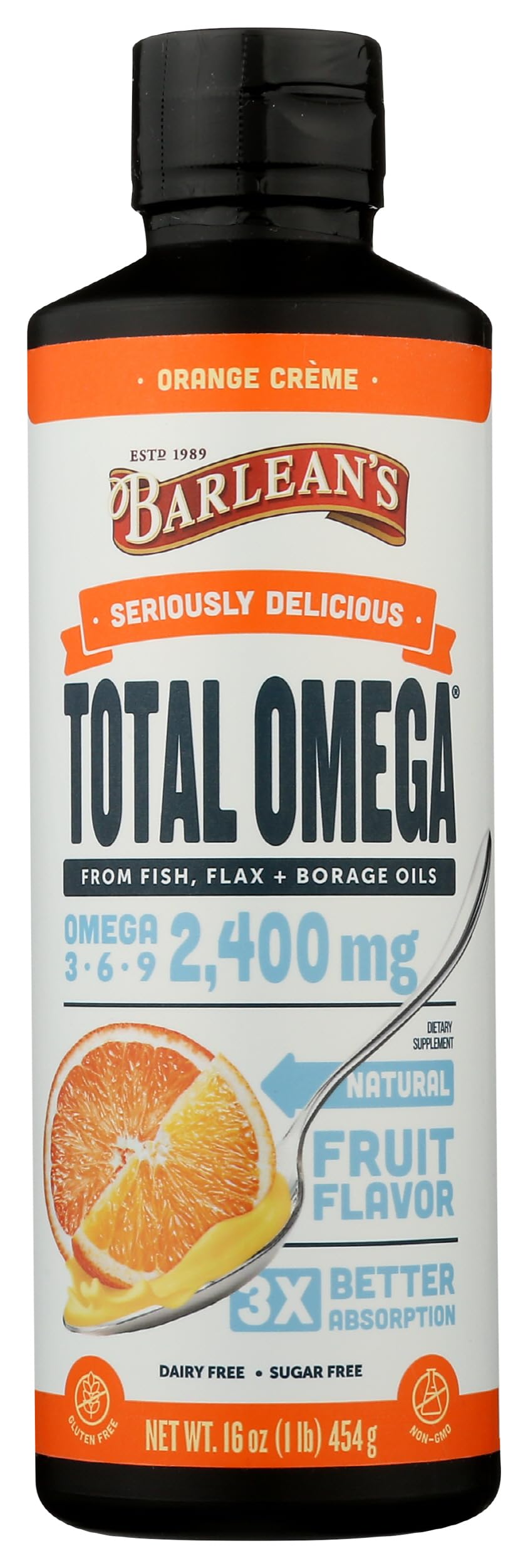 Barlean's Omega-3 Fish Oil 2400mg Orange Crème nutrition label