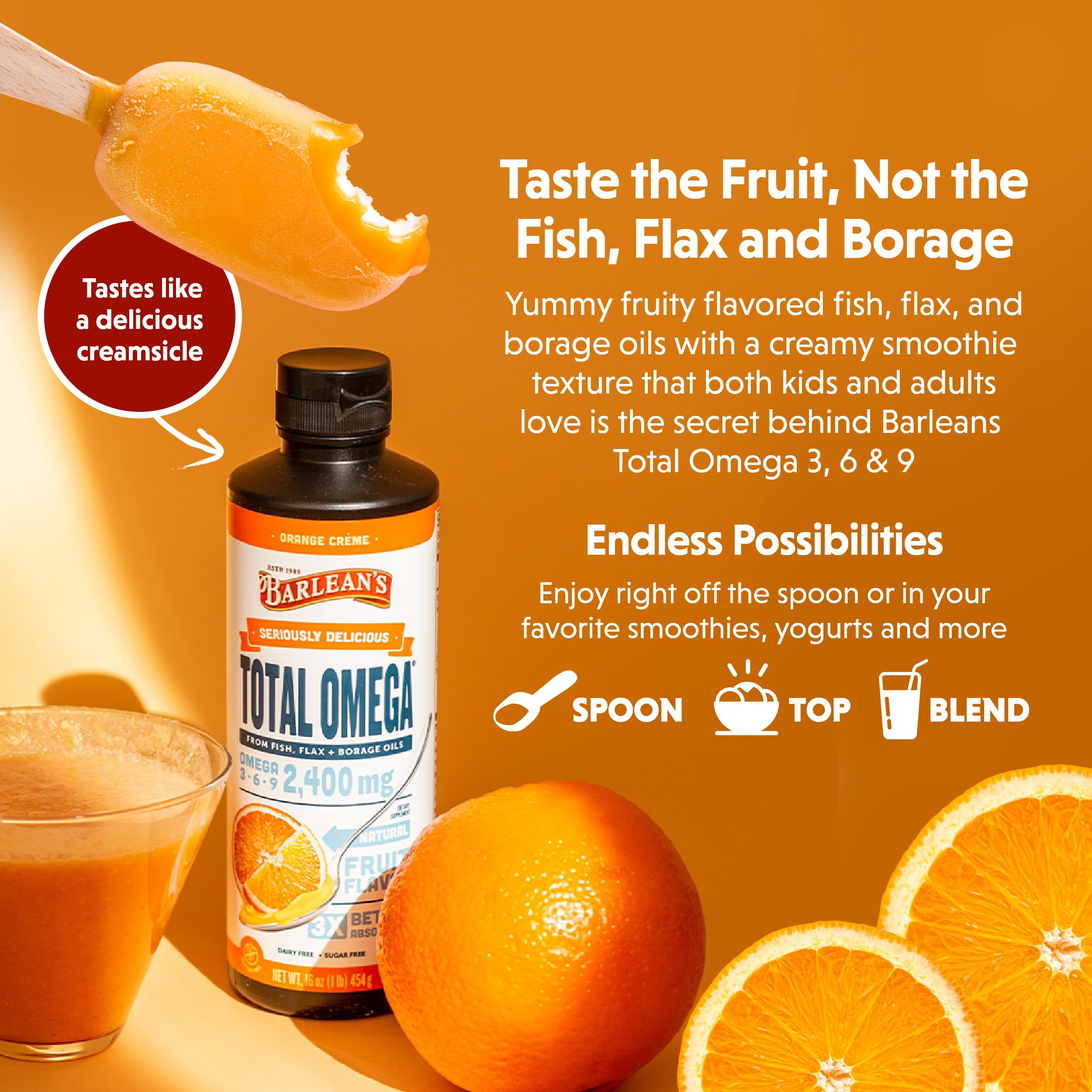 Barlean's Omega-3 Fish Oil 2400mg Orange Crème side view