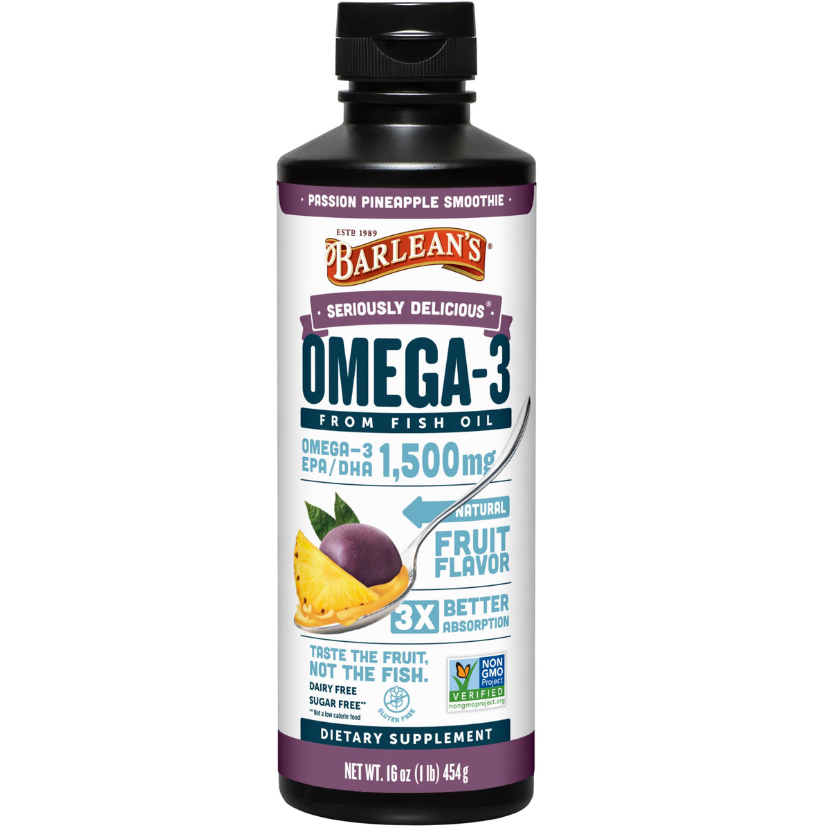 Barlean's Omega 3 Fish Oil Liquid 1500mg EPA/DHA front view