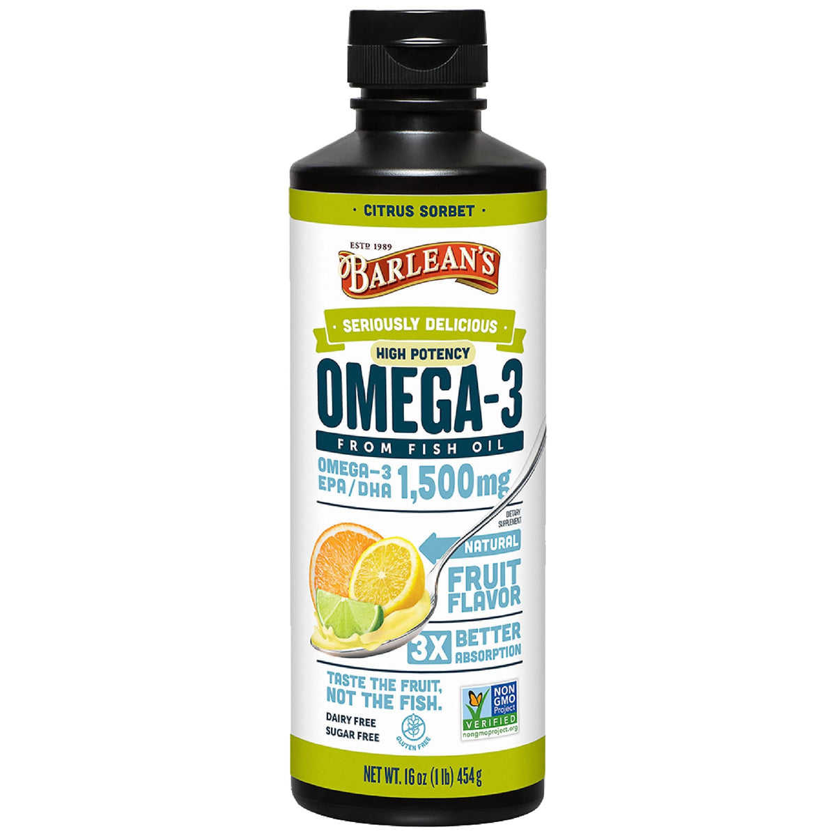 Barlean's Omega 3 Fish Oil Liquid 1500mg EPA/DHA front view