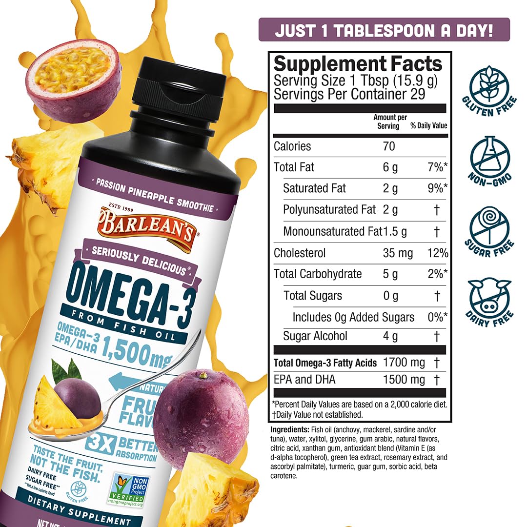 Barlean's Omega 3 Fish Oil Liquid being poured over yogurt