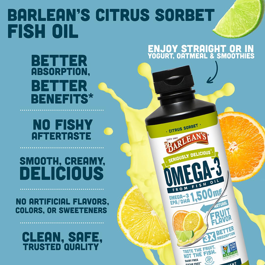 Barlean's Omega 3 Fish Oil Liquid drizzled over yogurt