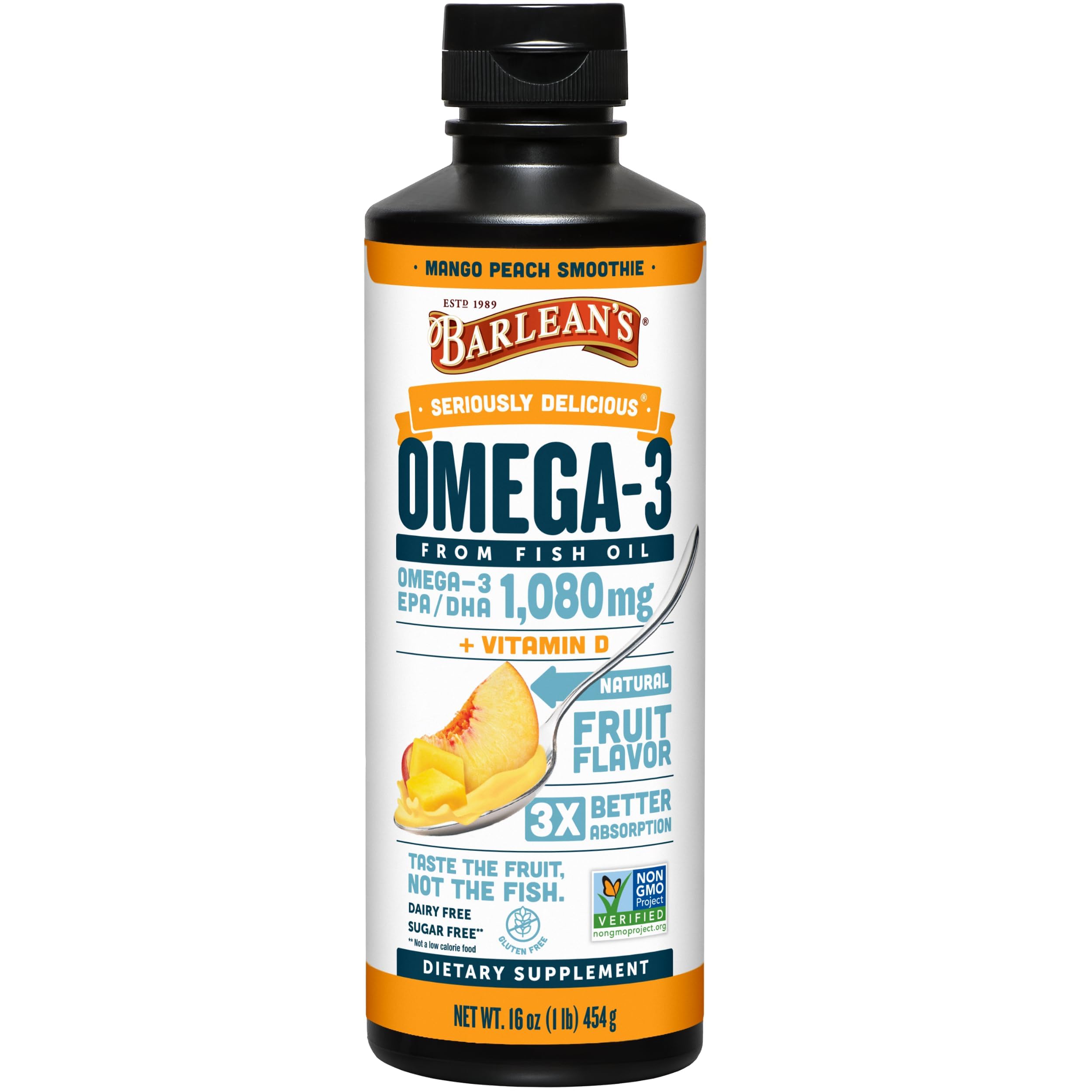 Barlean's Omega-3 Fish Oil Liquid Mango Peach 454g front view