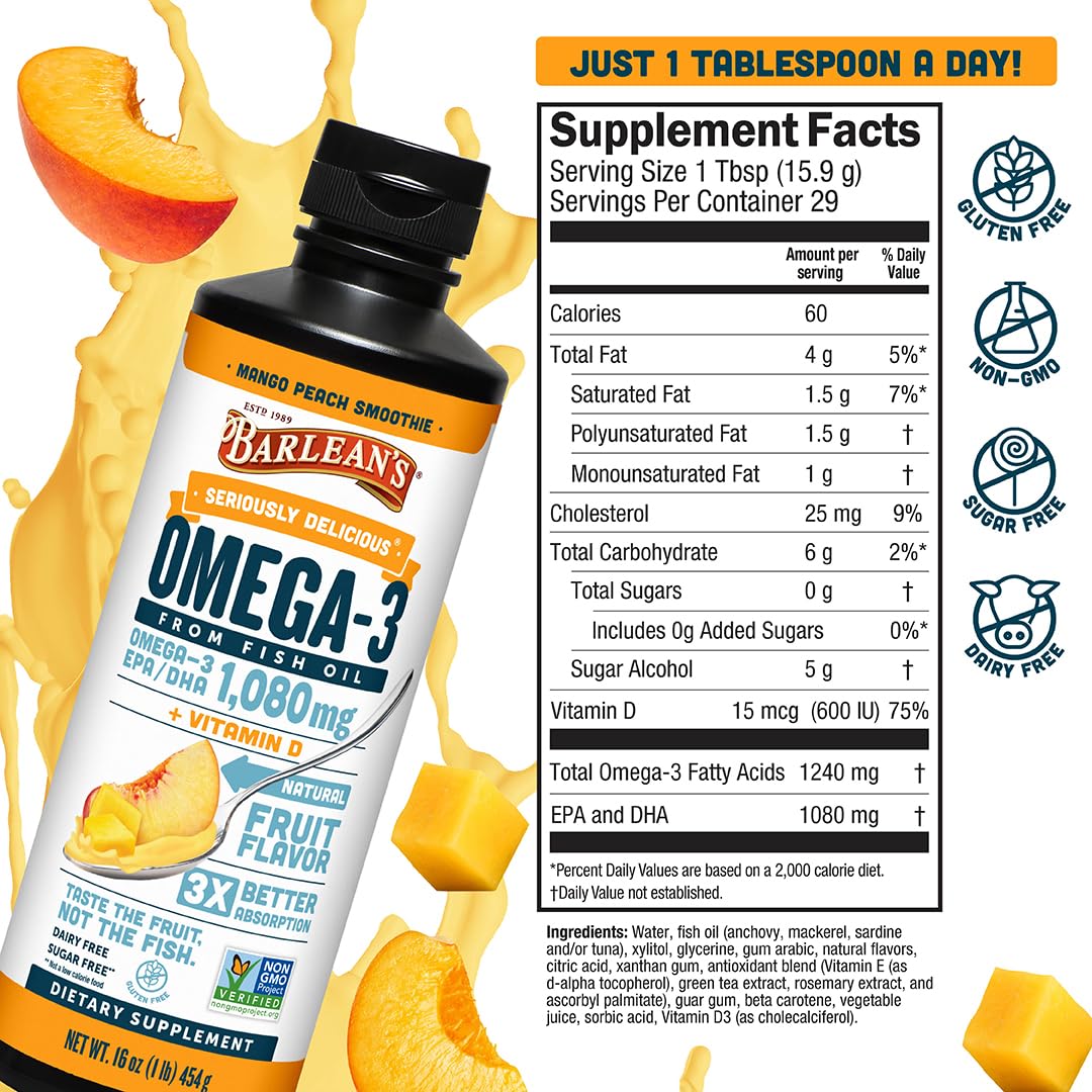 Barlean's Omega-3 Fish Oil Liquid Mango Peach 454g nutritional information