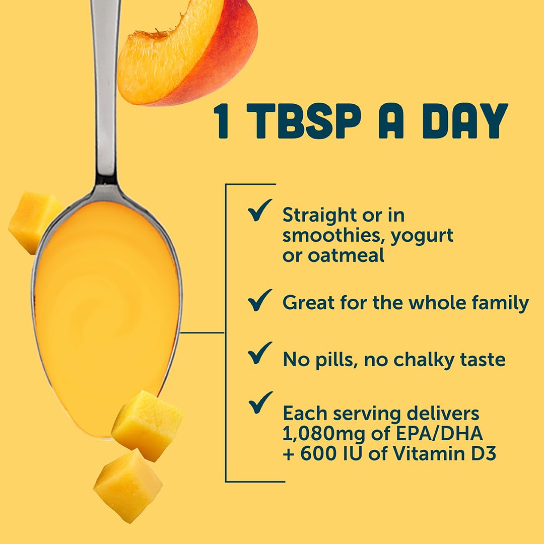 Barlean's Omega-3 Fish Oil Liquid Mango Peach 454g with fresh mango and peach