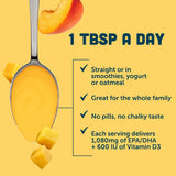 Barlean's Omega-3 Fish Oil Liquid Mango Peach 454g with fresh mango and peach