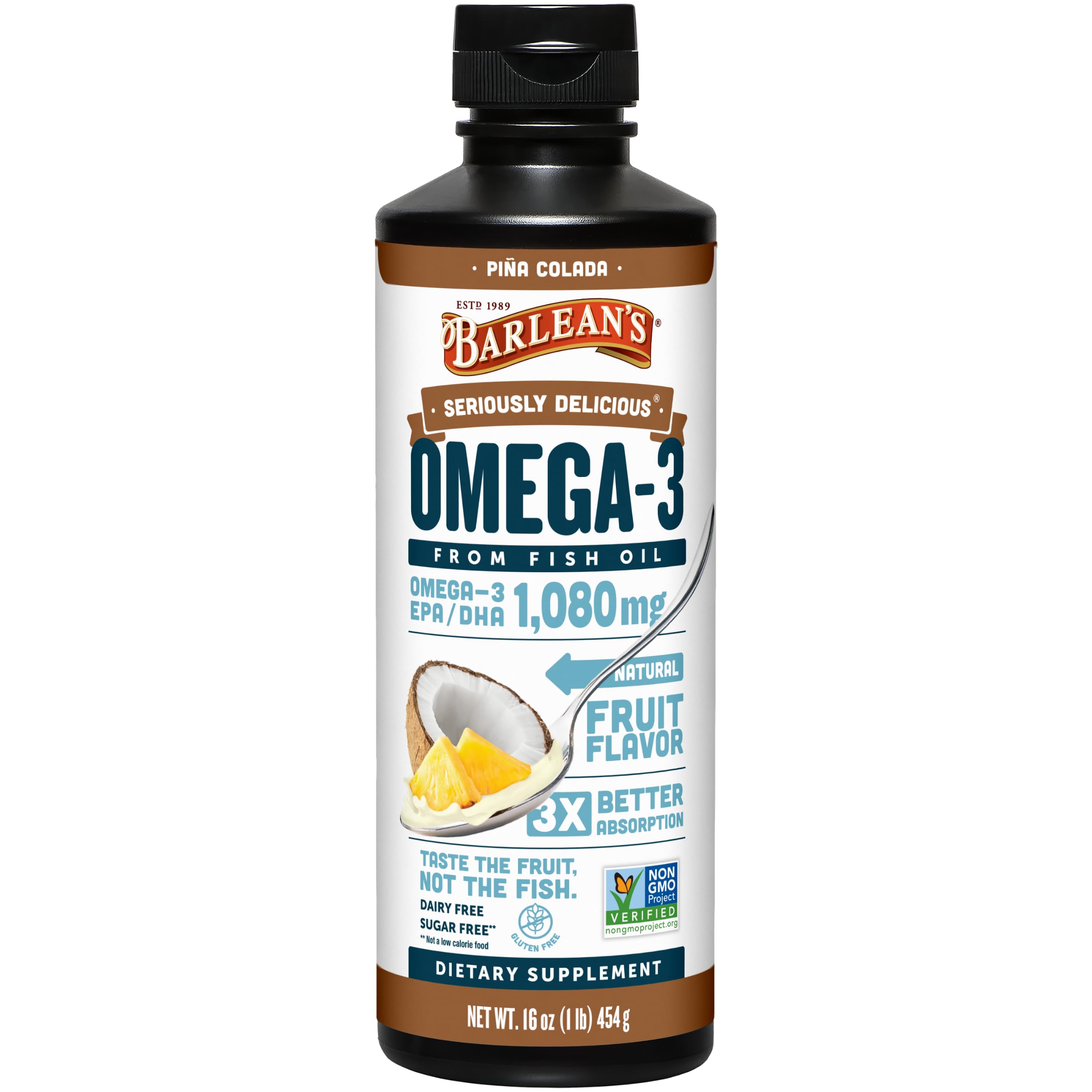 Barlean's Omega 3 Fish Oil Liquid Pina Colada flavour front view