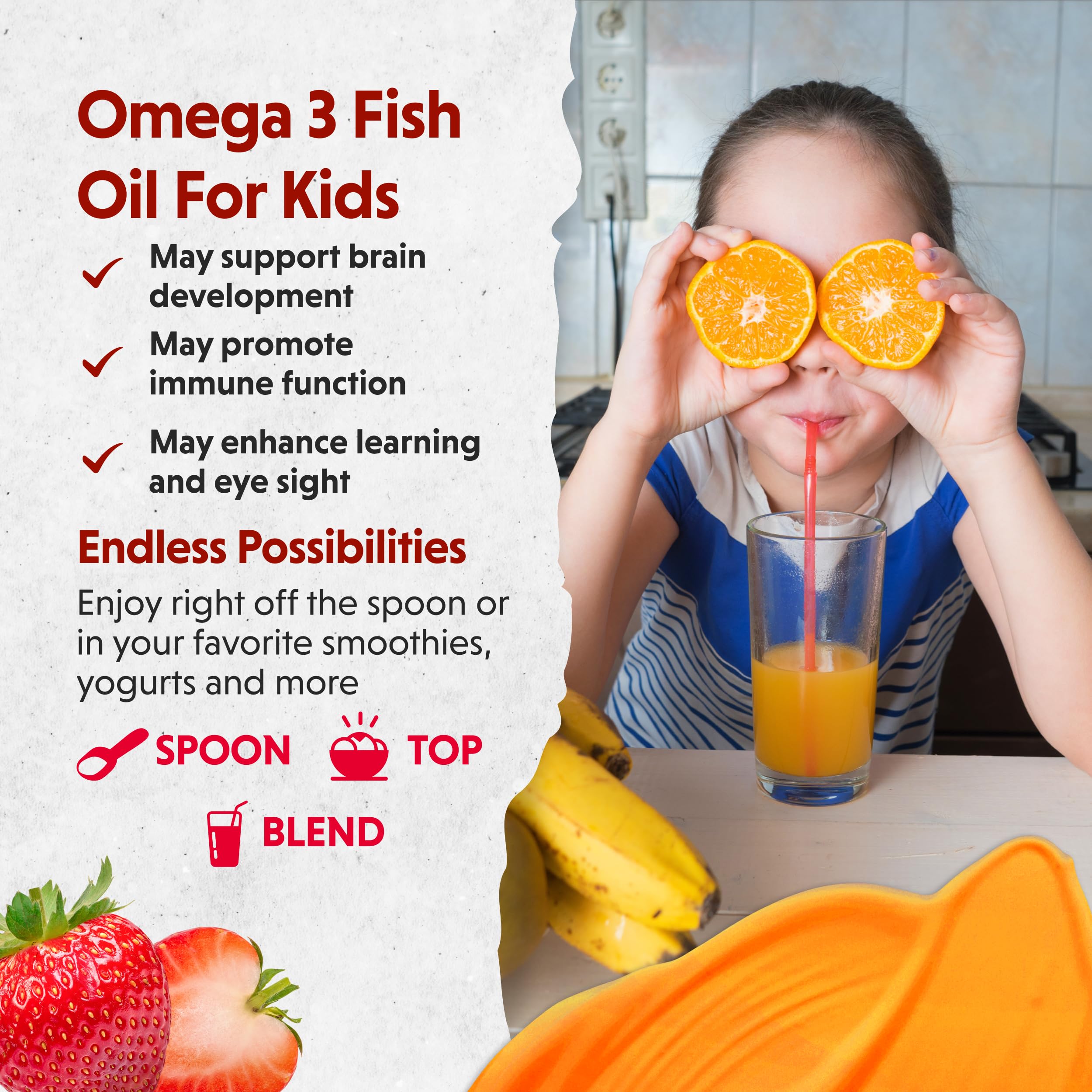 Barlean's Omega Pals fish oil bottle with a spoonful of liquid
