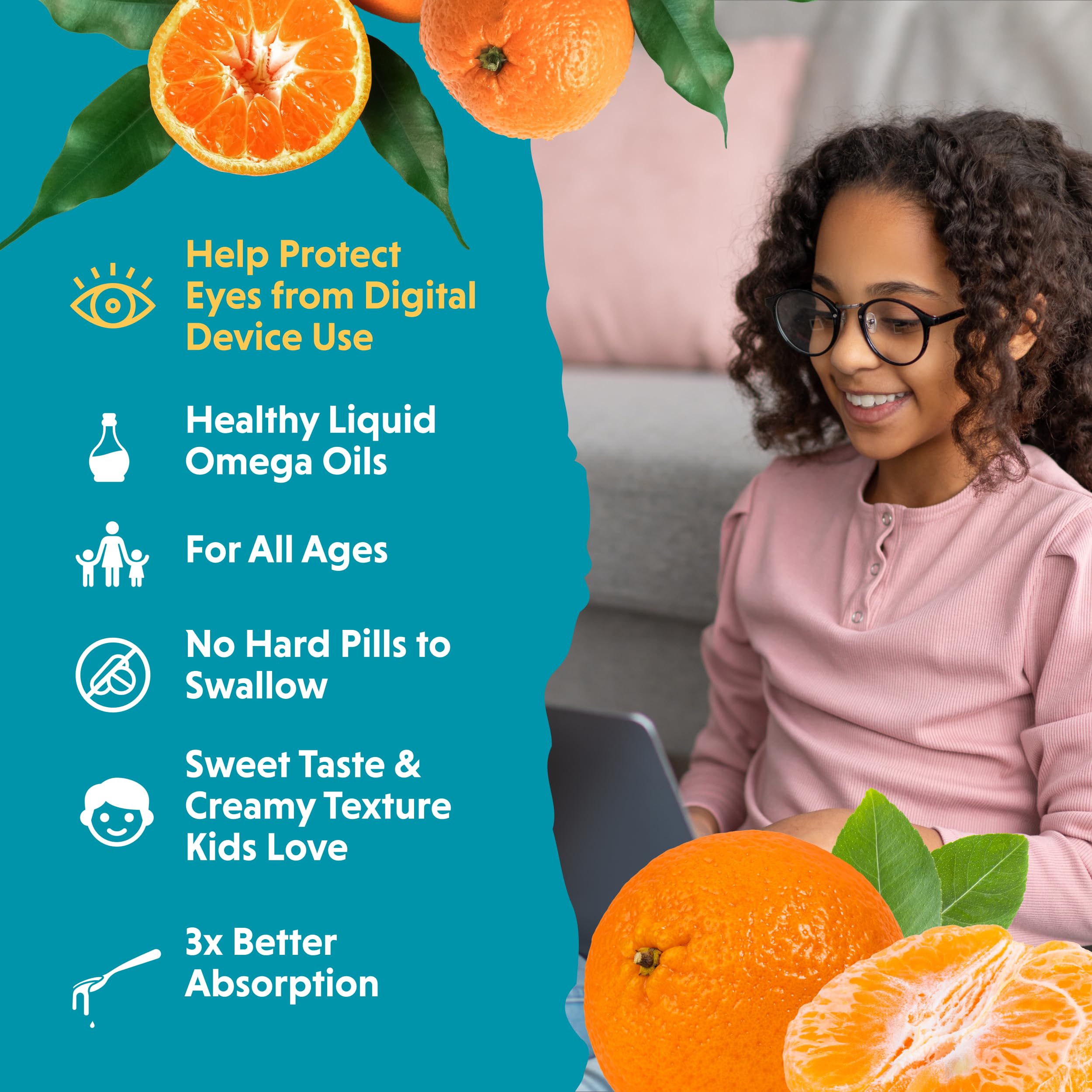 Barlean's Omega Pals fish oil bottle with fresh Tangerines
