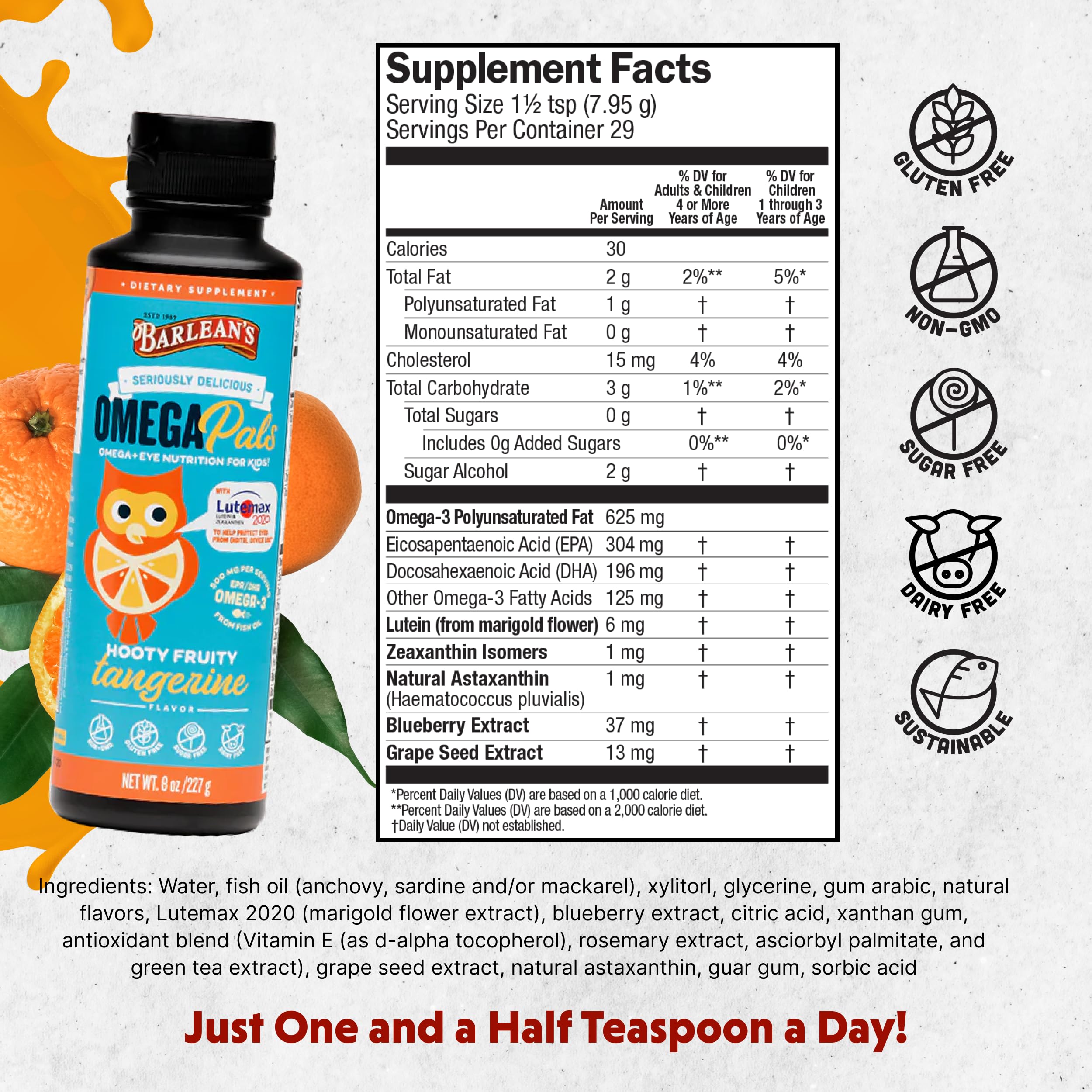 Barlean's Omega Pals fish oil nutritional information label