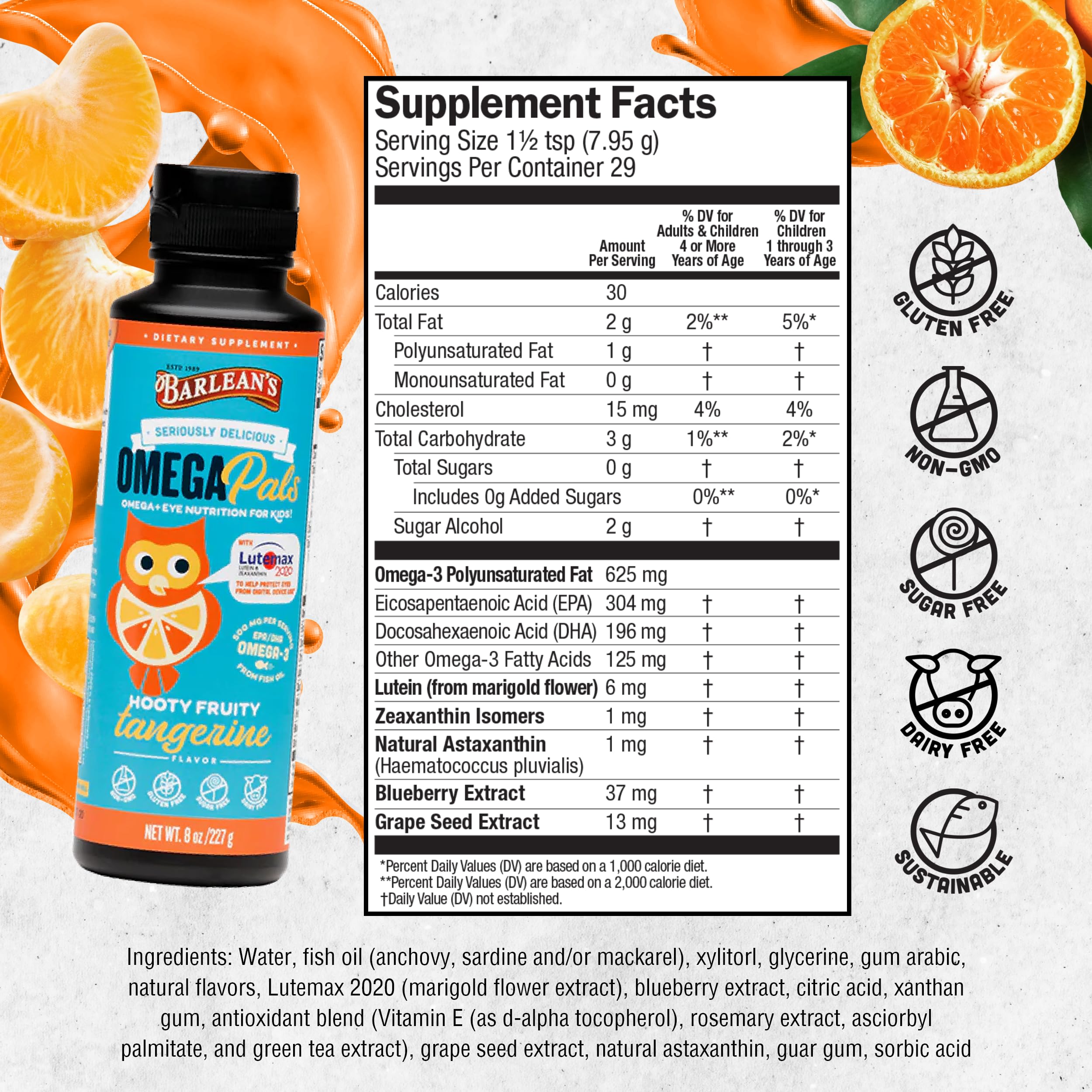 Barlean's Omega Pals fruity fish oil 454g tangerine flavour back view
