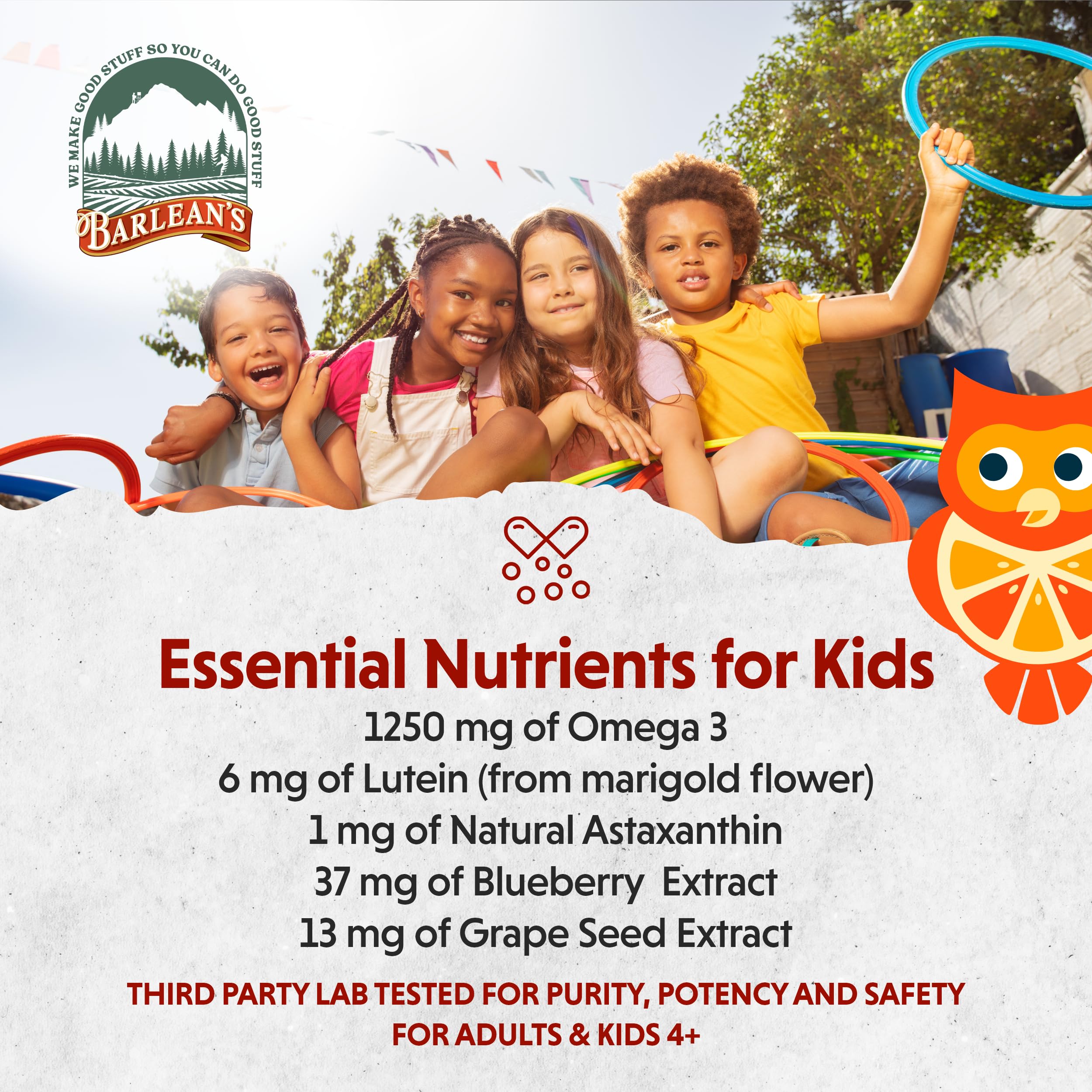 Barlean's Omega Pals fruity fish oil 454g tangerine flavour in a spoon