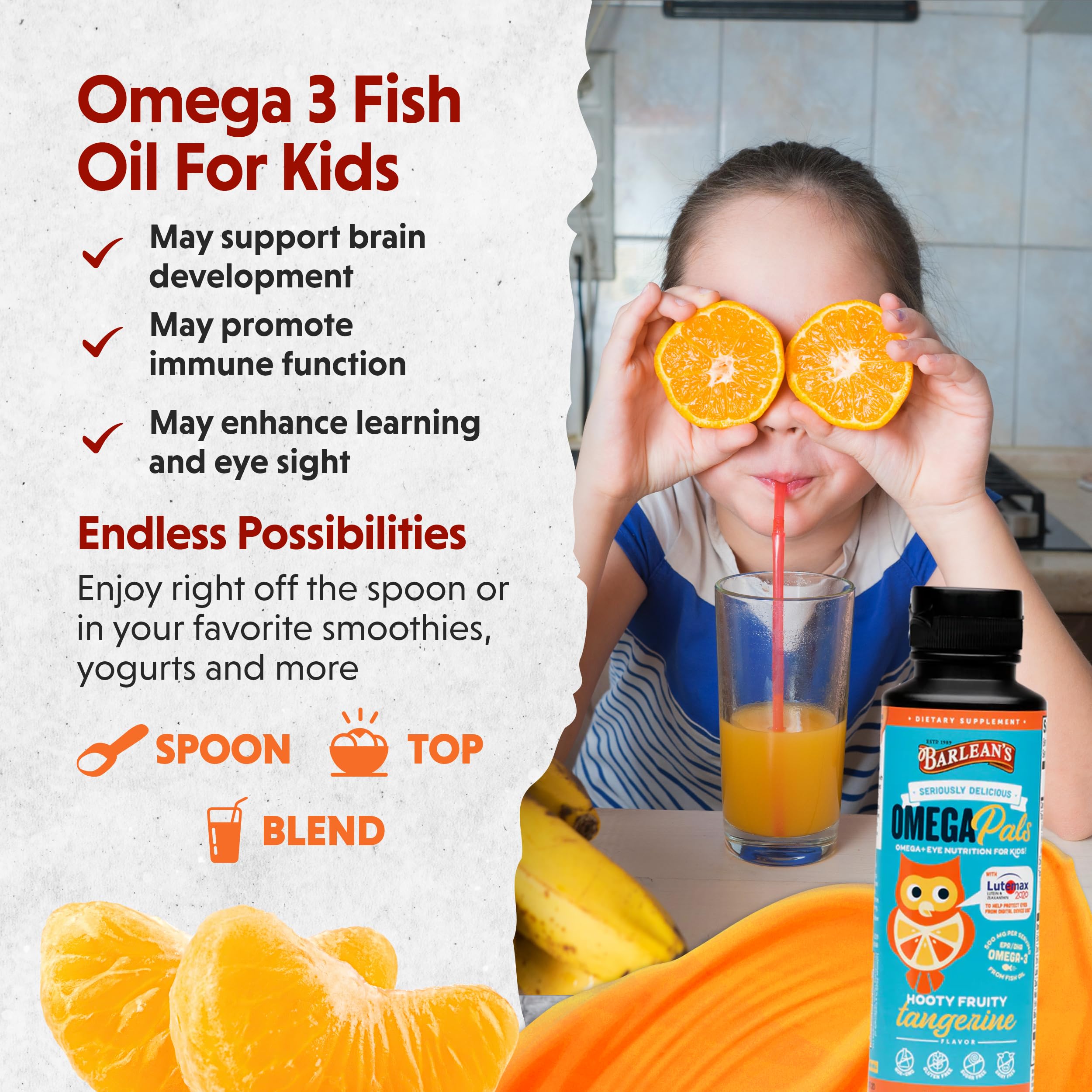 Barlean's Omega Pals fruity fish oil 454g tangerine flavour side view