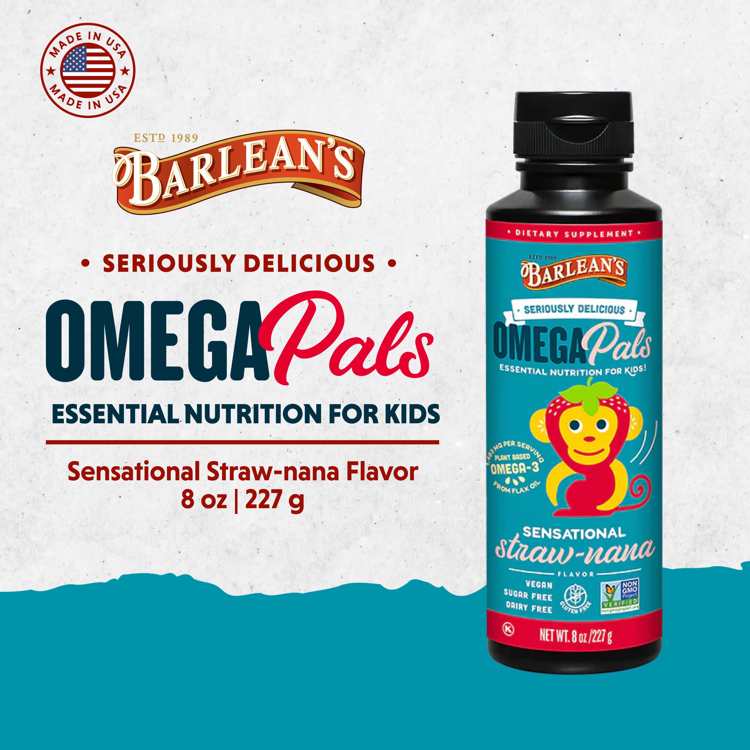 Barlean's Omega Pals Fruity Flax Oil bottle side view