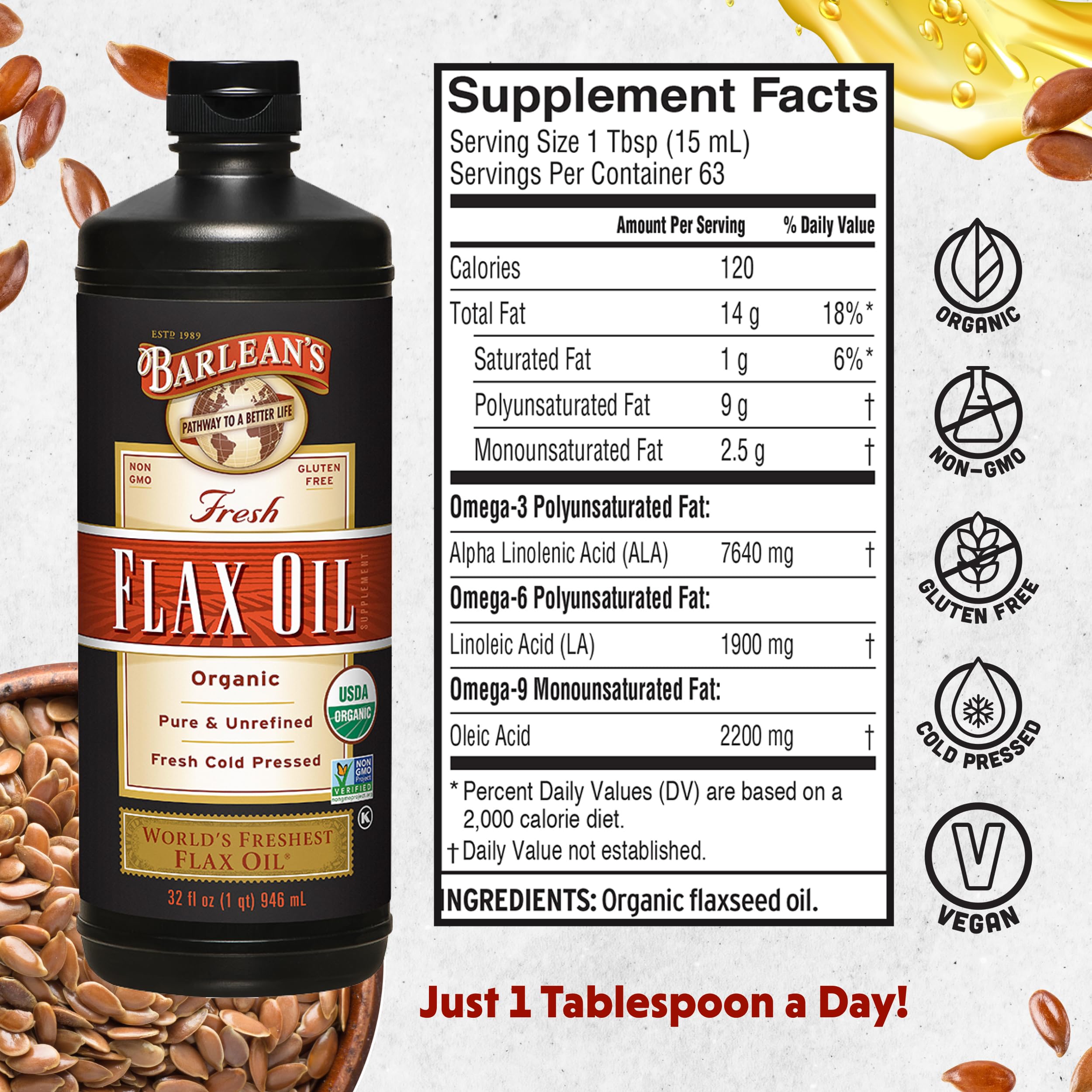 Barlean's Organic Flax Seed Oil 907g back view with nutritional information