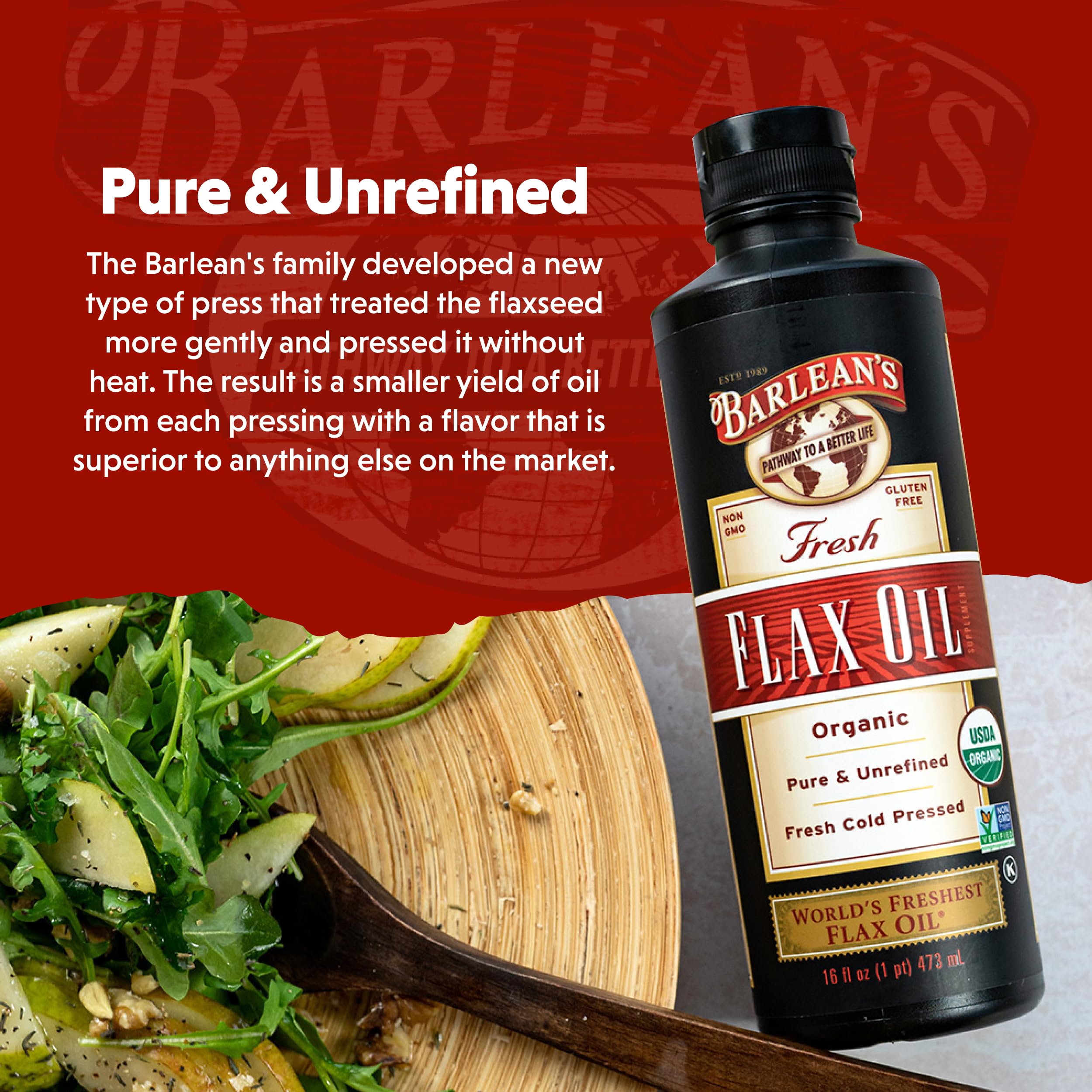 Barlean's Organic Flax Seed Oil 907g in a kitchen setting