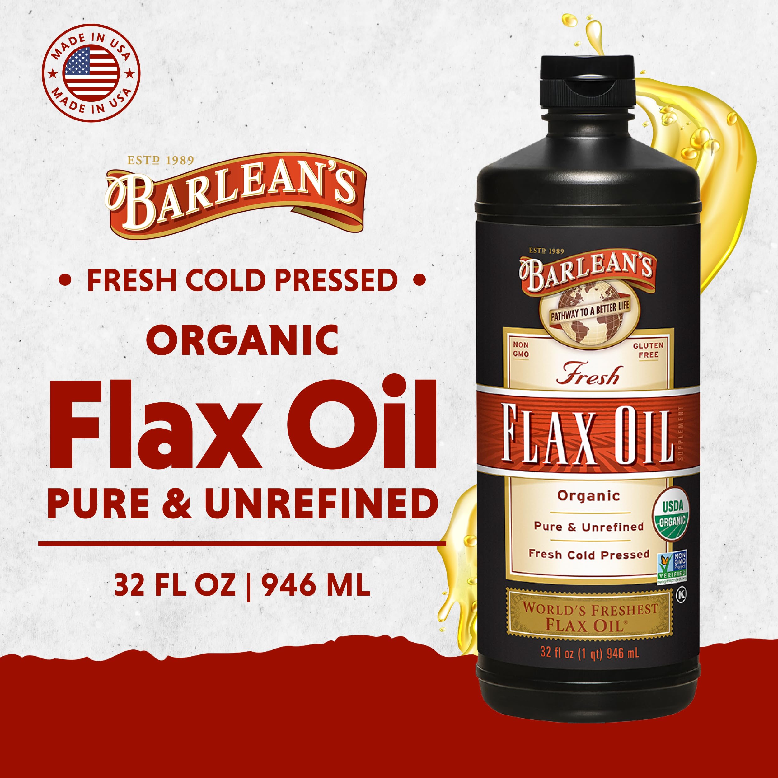 Barlean's Organic Flax Seed Oil 907g side view showing bottle design
