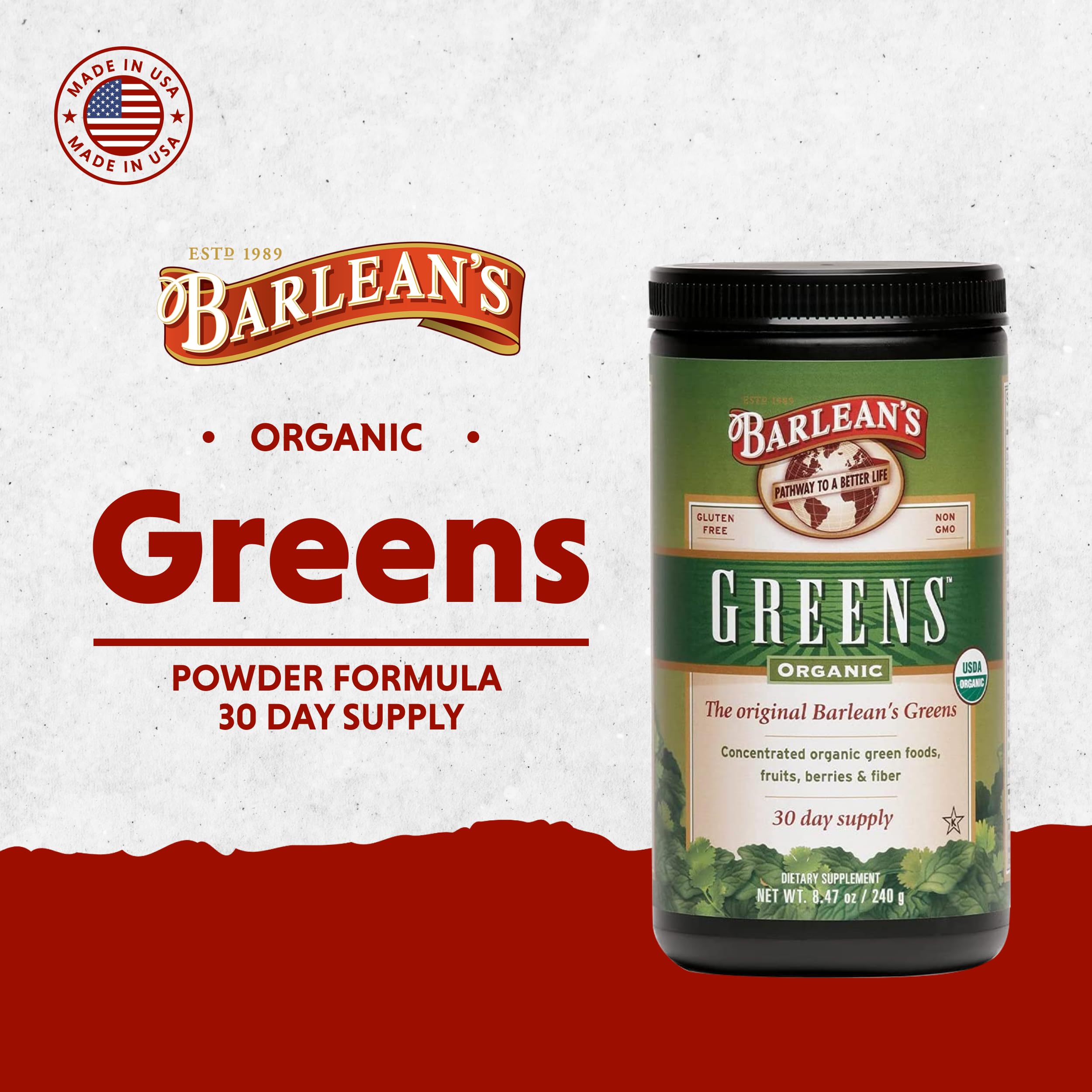 Barlean's Organic Greens Powder 320g scoop