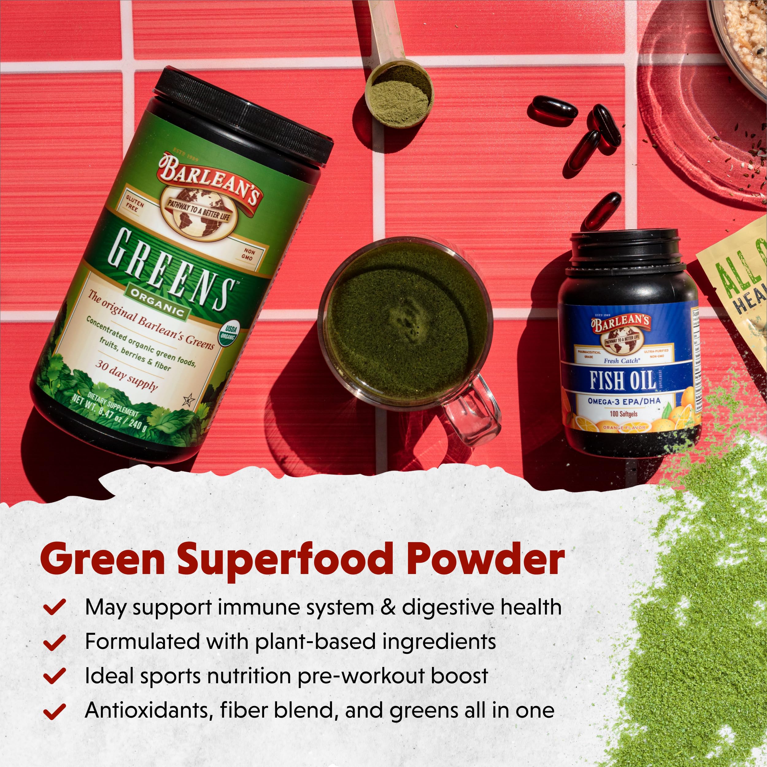 Barlean's Organic Greens Powder mixed in a smoothie