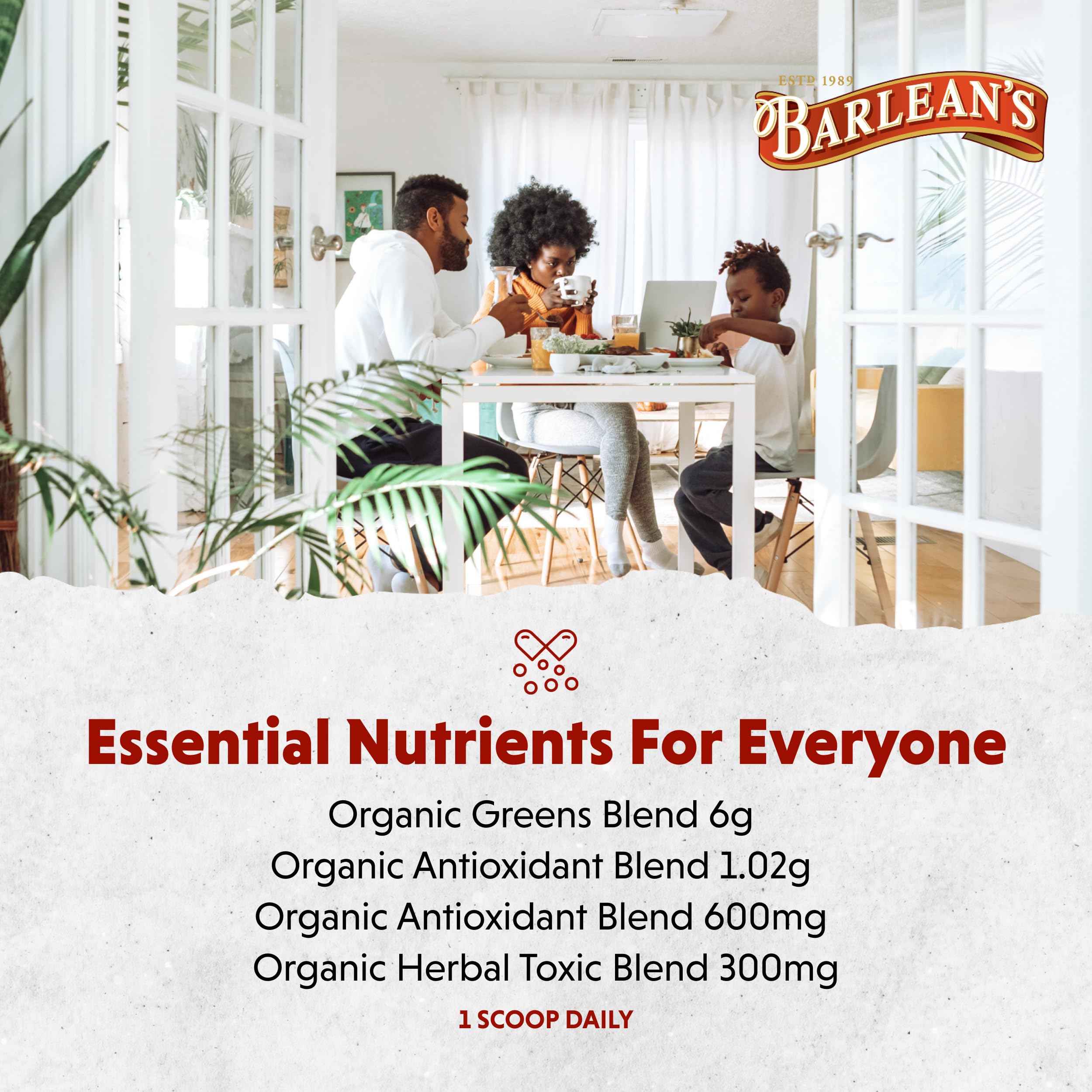 Barlean's Organic Greens Powder on a kitchen counter